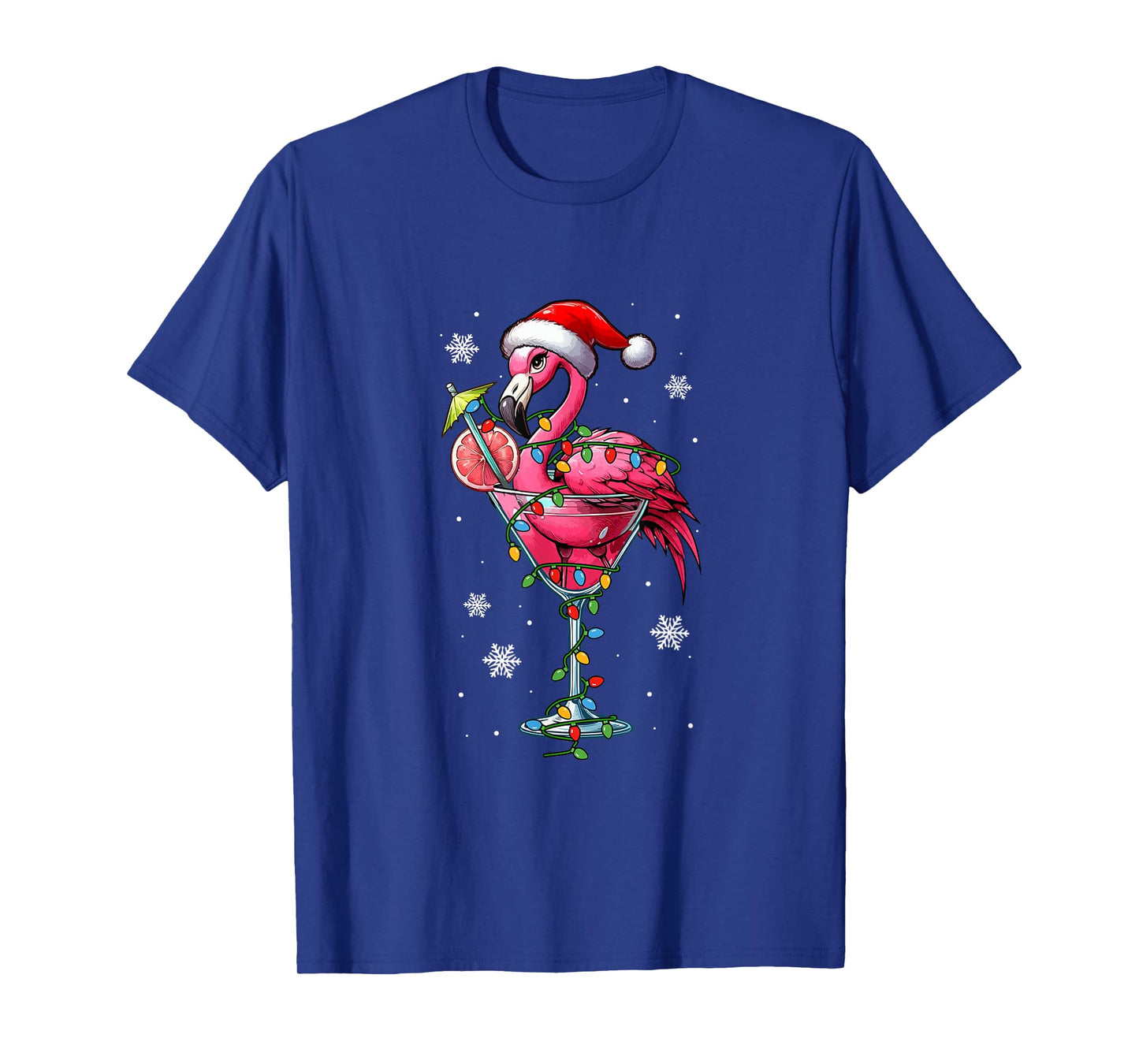 Santa Flamingo On Cocktail Glasses Christmas Colorful Lights T-Shirt