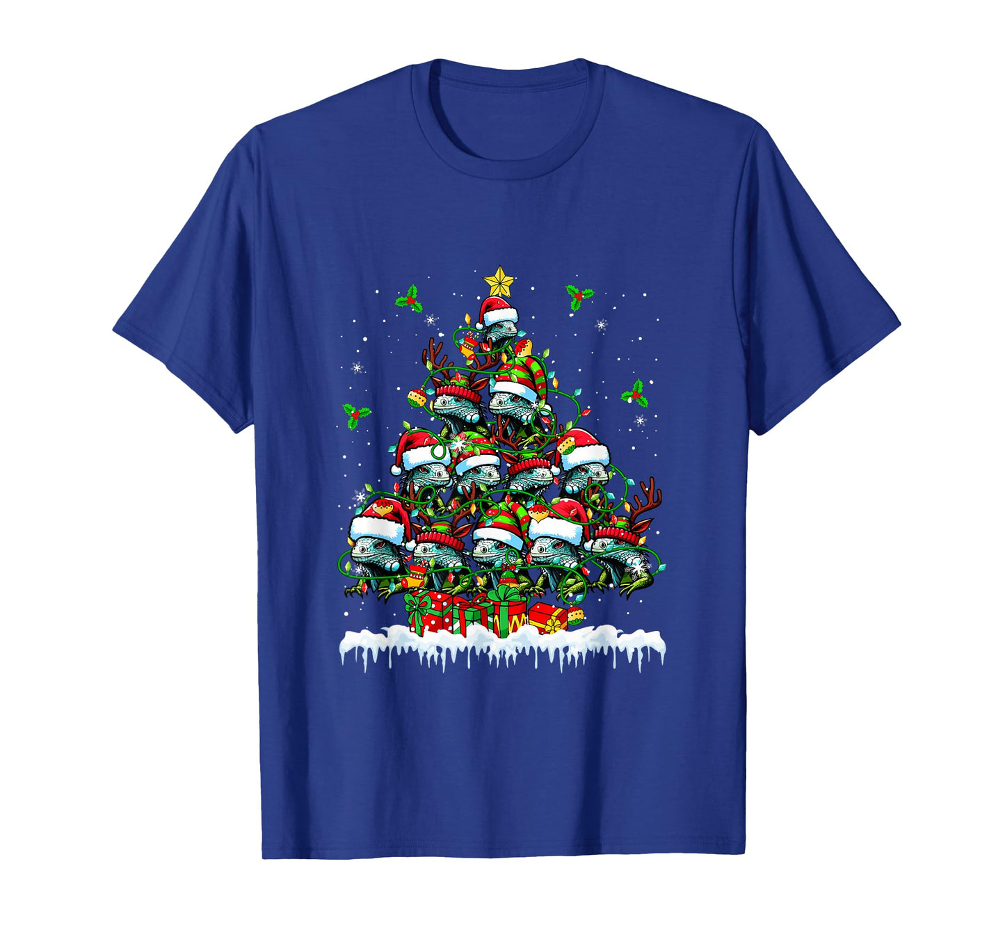 Group Santa Reindeer Elf Iguanas Xmas Tree Colorful Lights T-Shirt