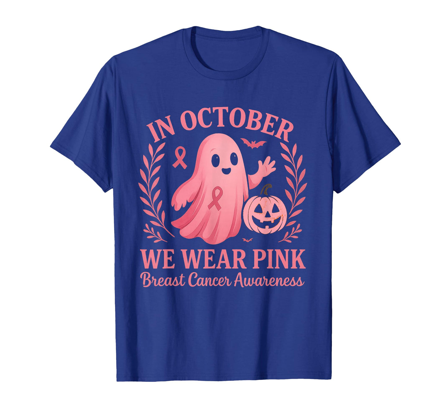 in October We Wear Pink Ghost Witch Breast Cancer Awareness T-Shirt