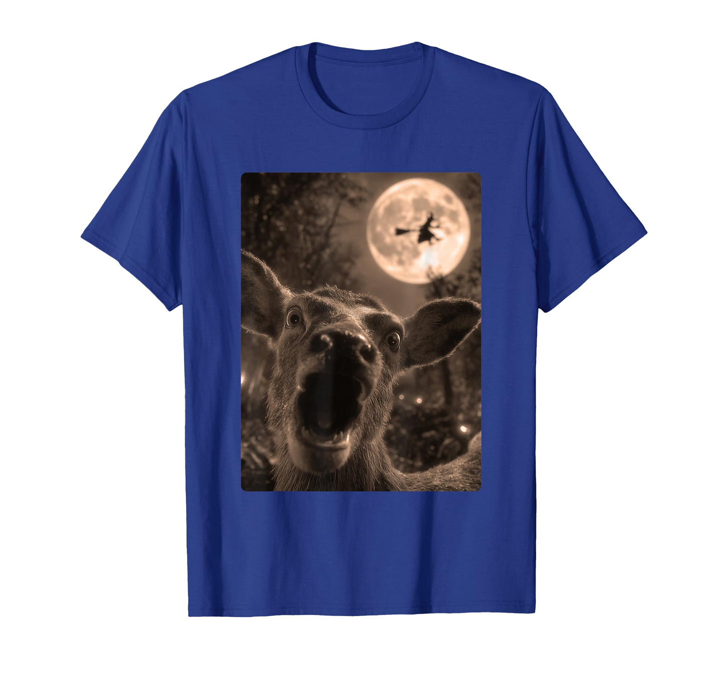 Funny Deer Selfie Full Moon Flying Witch Forest Halloween T-Shirt