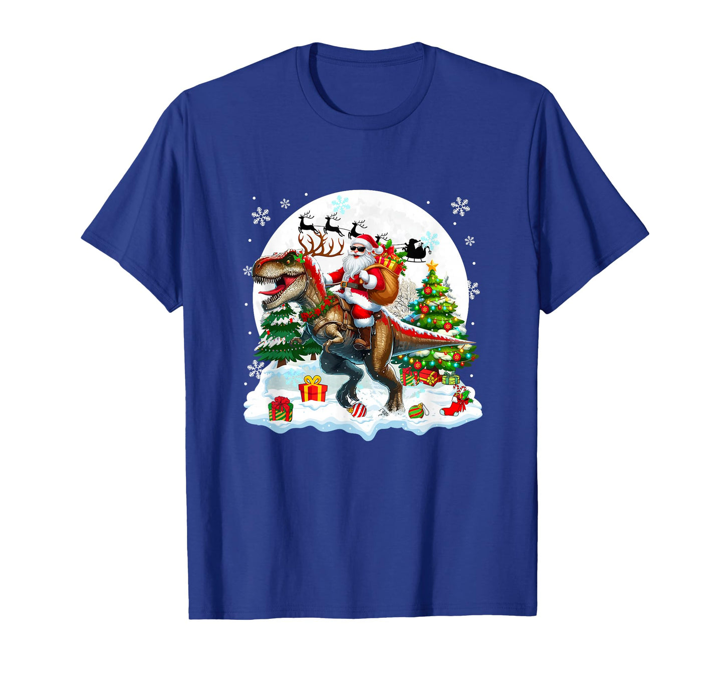 Santa Sunglasses Riding T-Rex Reindeer Christmas Snowman T-Shirt