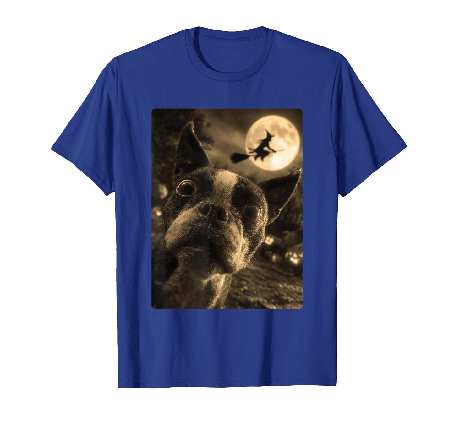 Boston Terrier Selfie Full Moon Flying Witch Halloween Dog T-Shirt