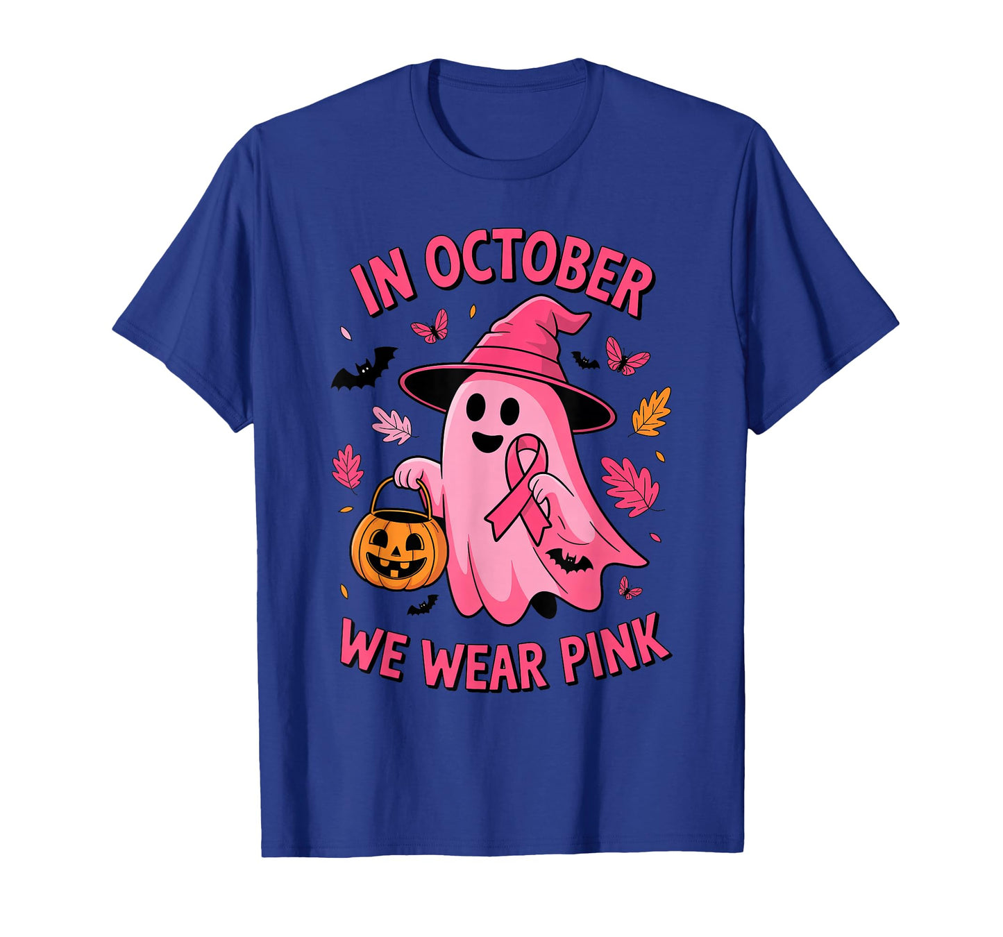 in October We Wear Pink Ribbon Ghost Halloween Breast Cancer T-Shirt