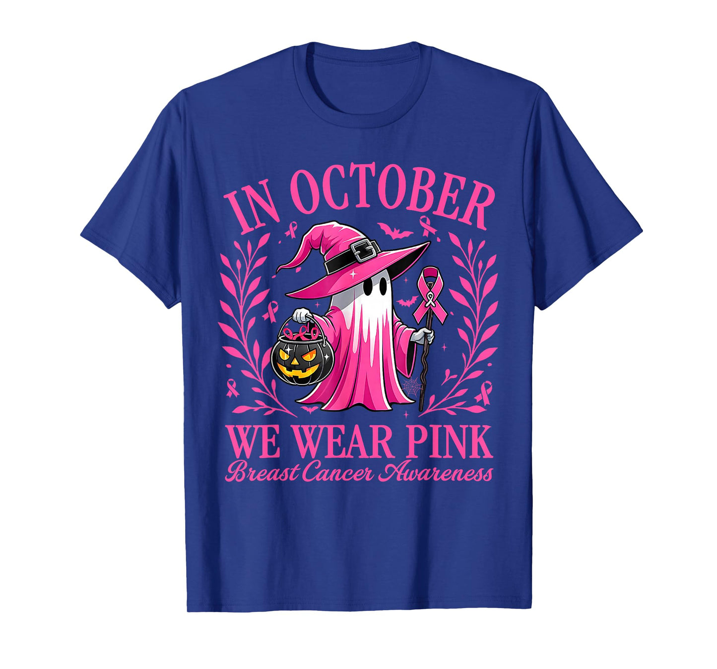 in October We Wear Pink Witch Breast Cancer Women Halloween T-Shirt