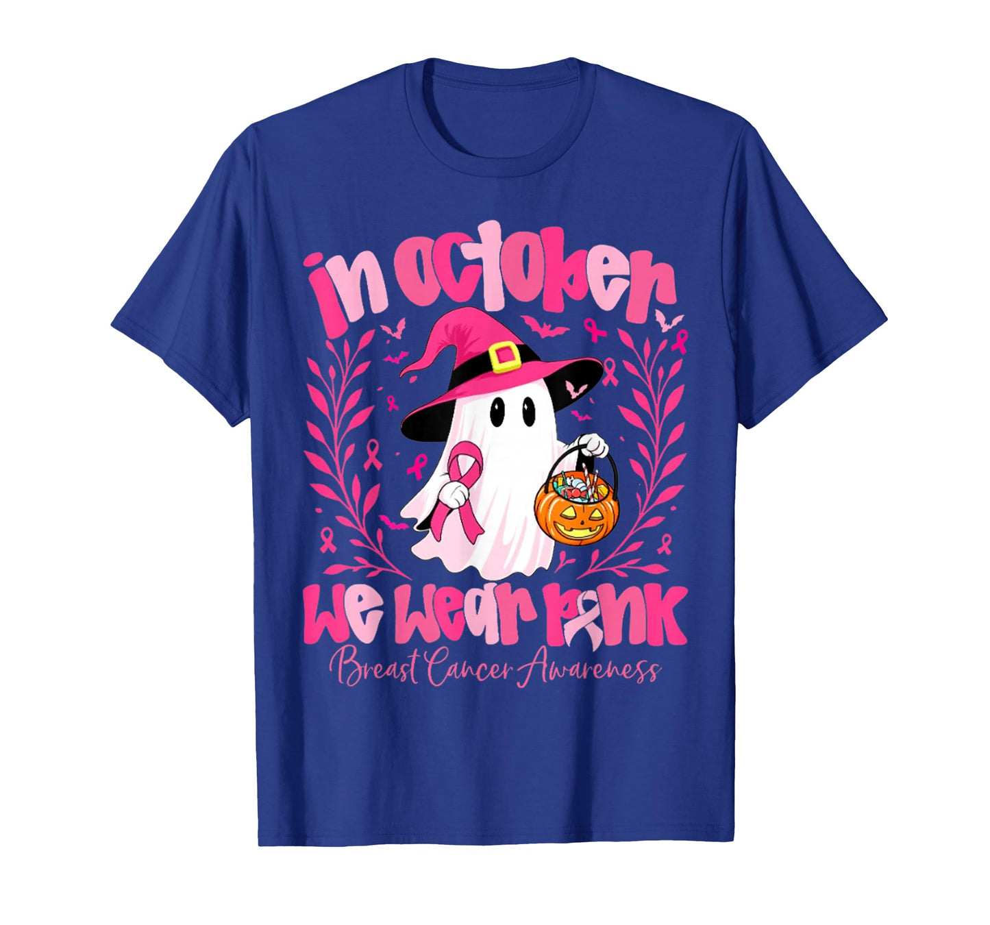 in October We Wear Pink Ghost Witch Breast Cancer Awareness T-Shirt