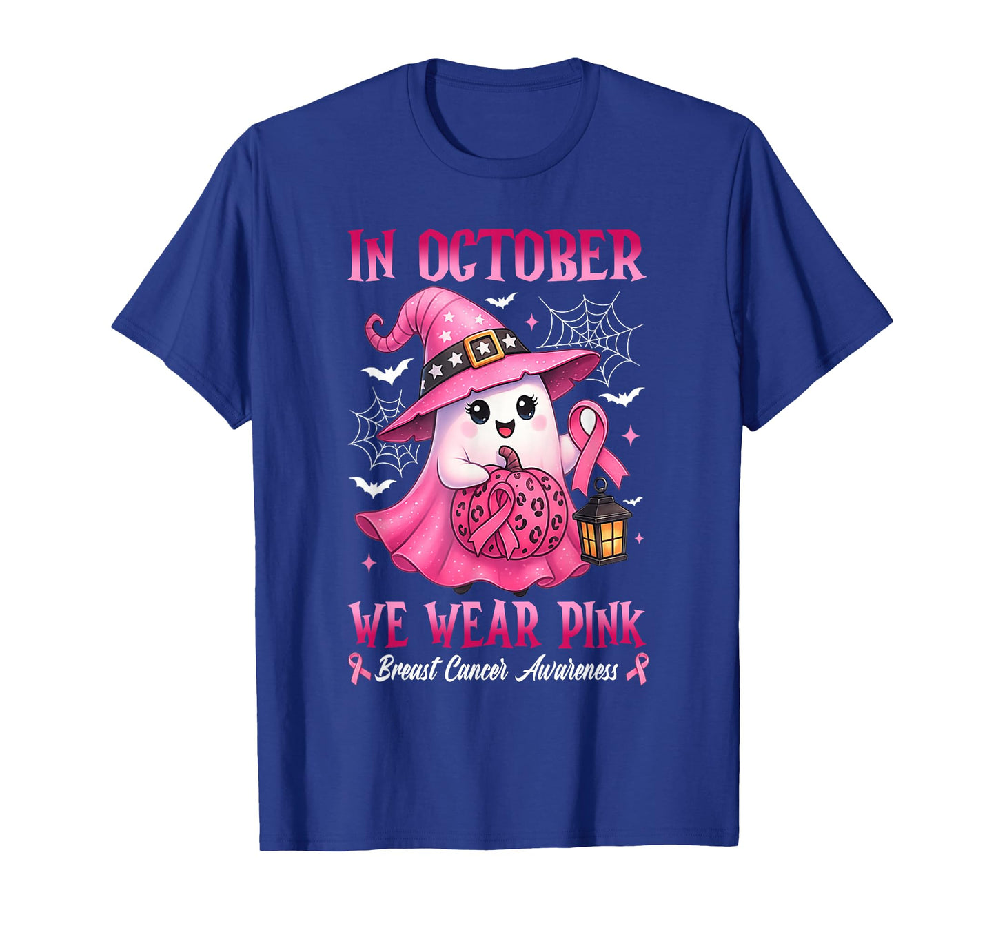 in October We Wear Pink Ghost Witch Breast Cancer Awareness T-Shirt