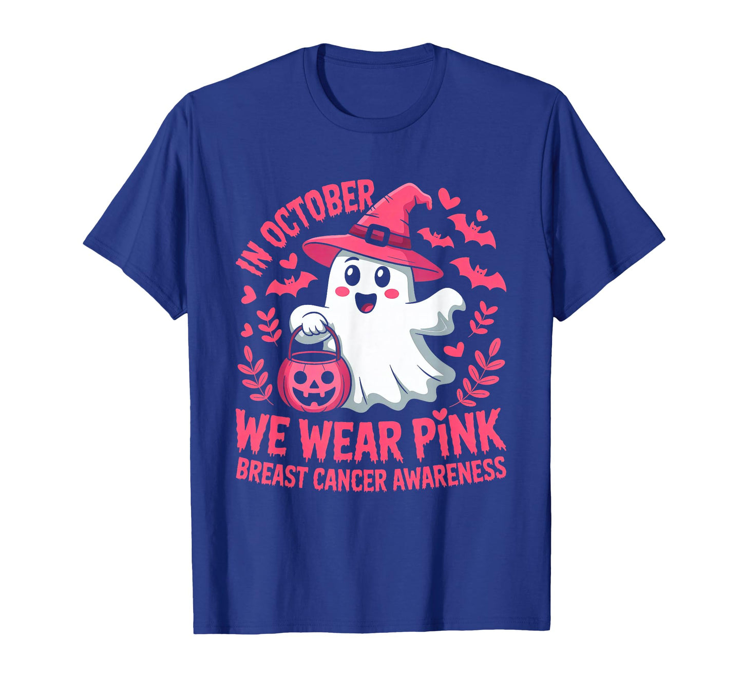 in October We Wear Pink Ghost Breast Cancer Women Halloween T-Shirt