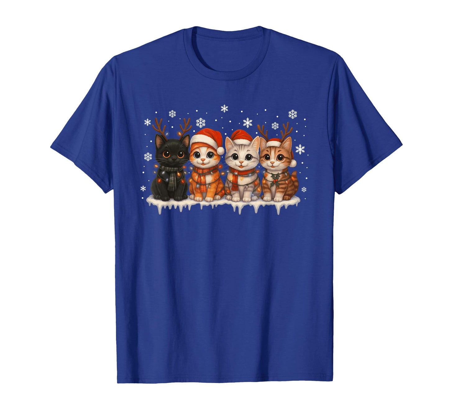 Cat Christmas Lights Reindeer Santa Hat Xmas Funny Cat Lover T-Shirt