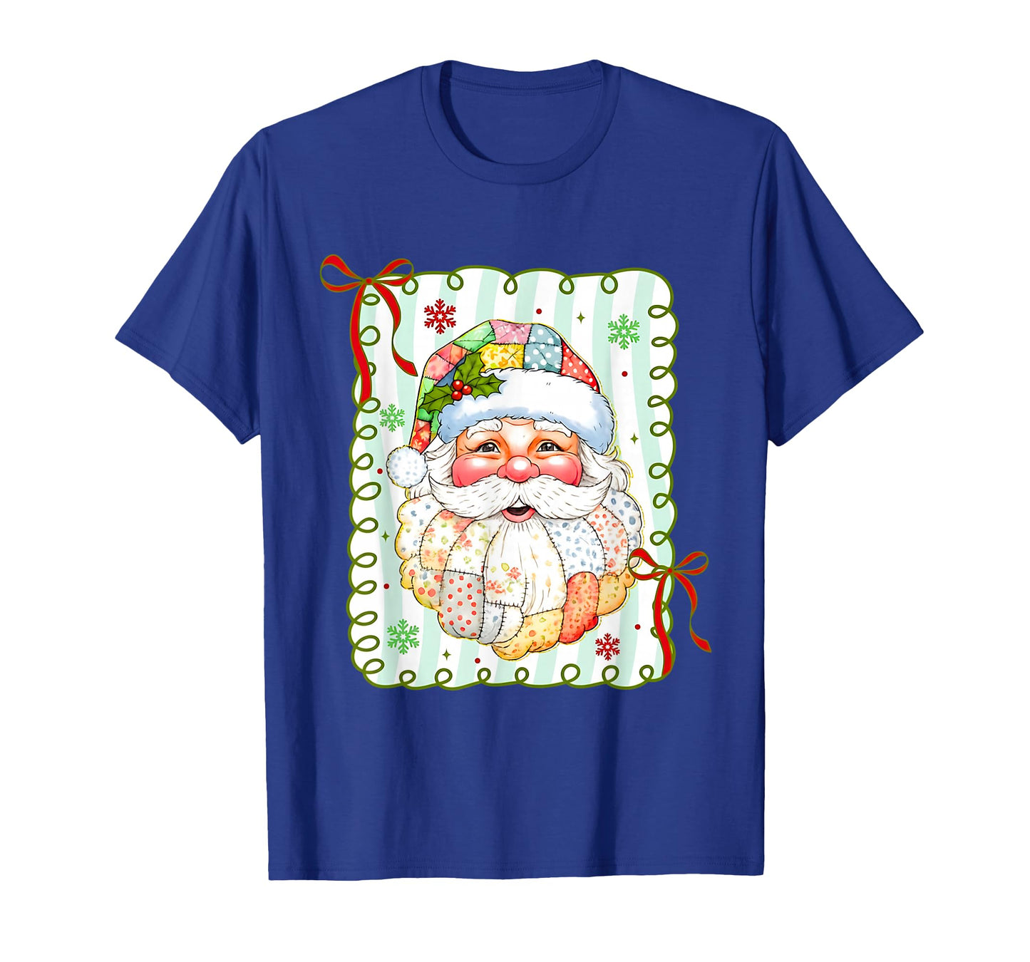 Patchwork Santa Claus Face Christmas Bow Men Women Kids T-Shirt