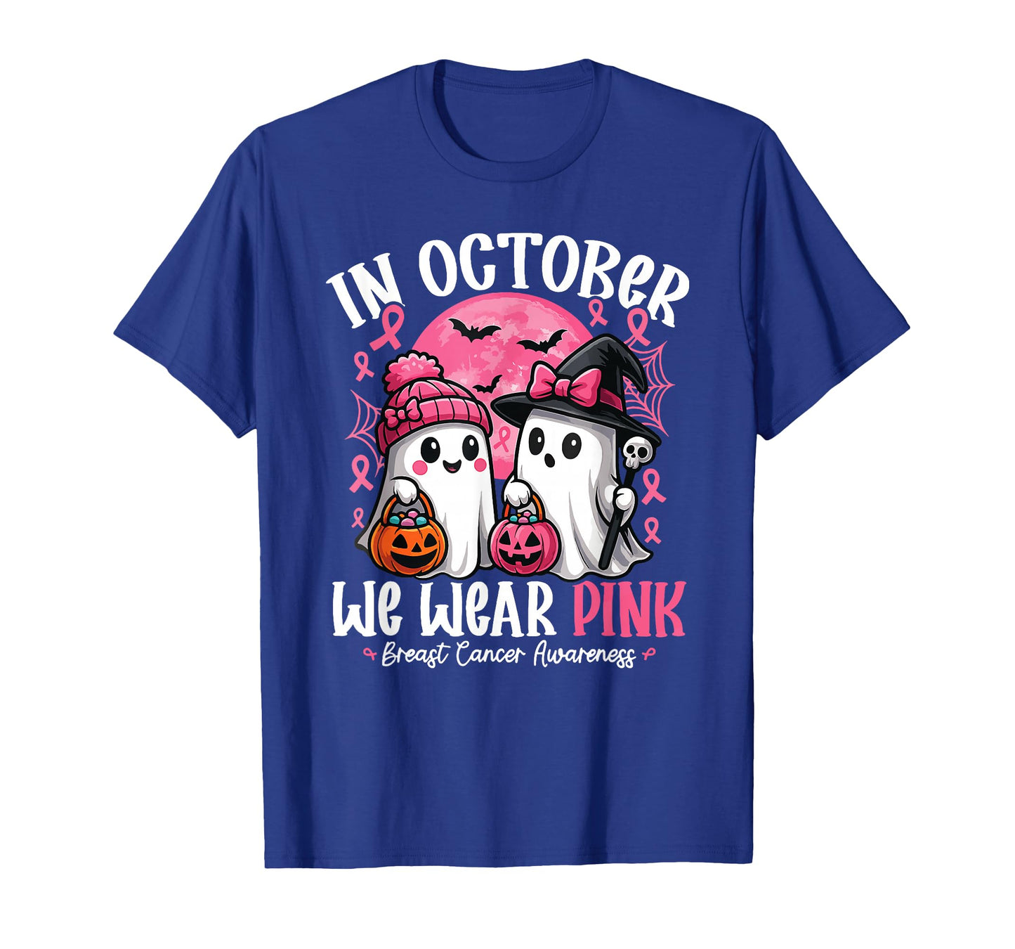 in October We Wear Pink Ghost Witch Breast Cancer Awareness T-Shirt