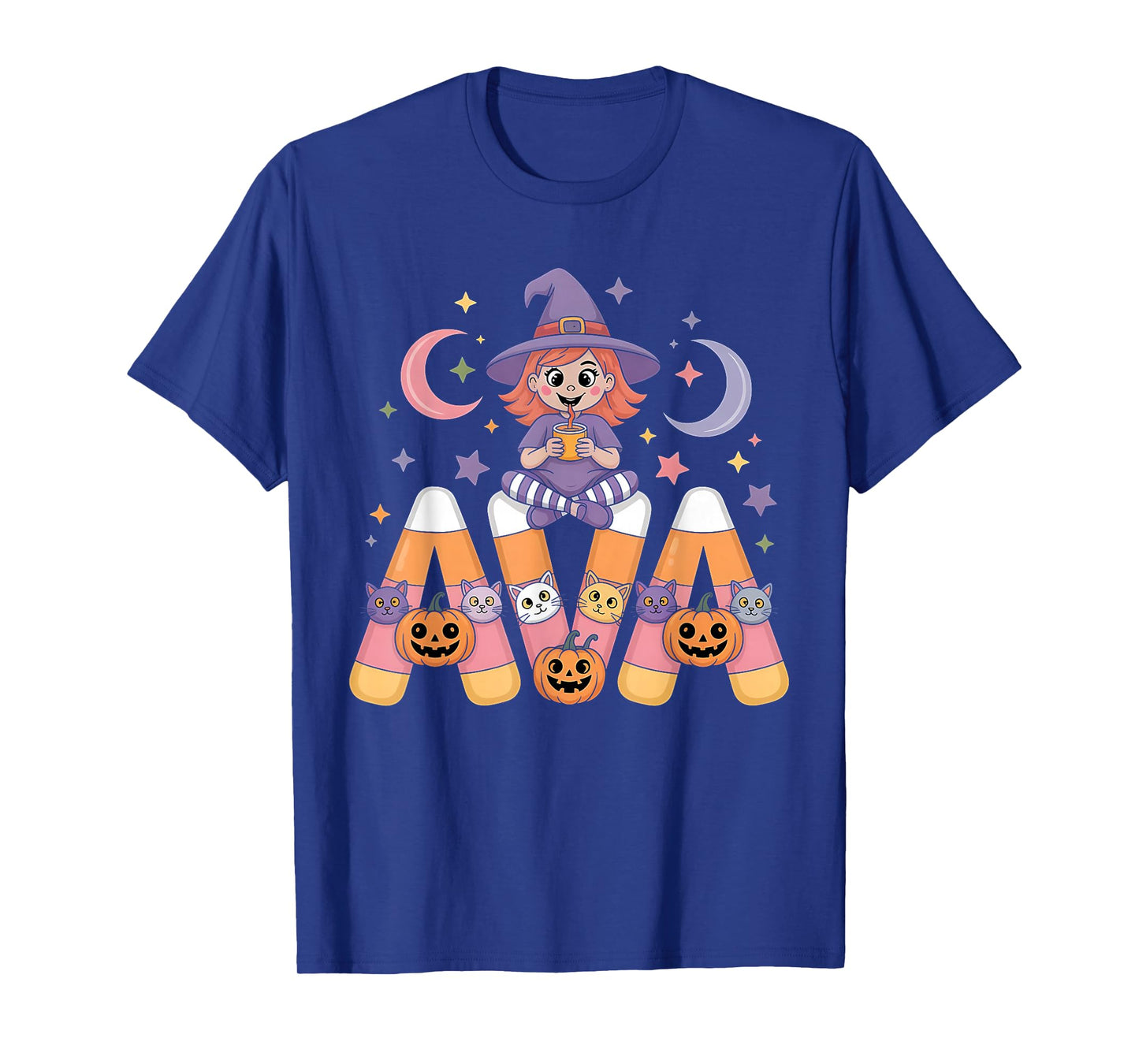 Ava Witch Candy Corn Cat Halloween Women and Girls T-Shirt