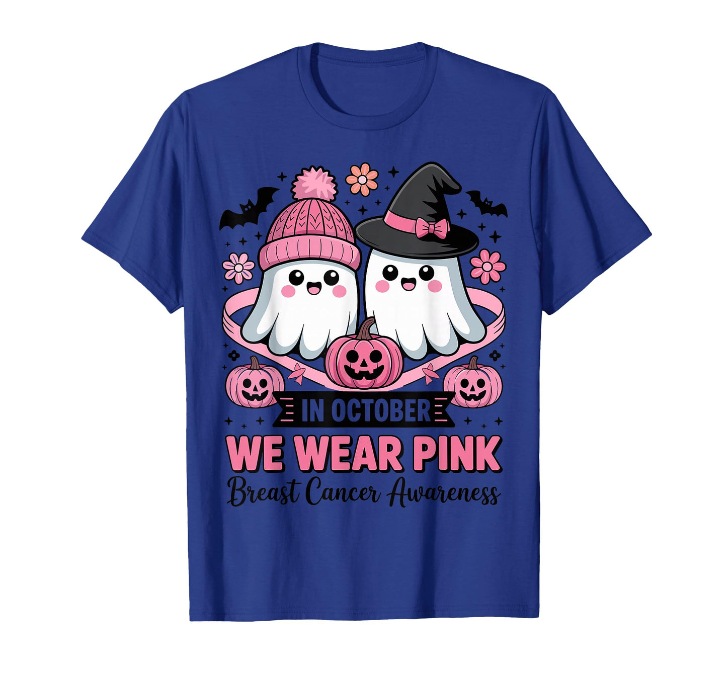in October We Wear Pink Ghost Witch Breast Cancer Awareness T-Shirt