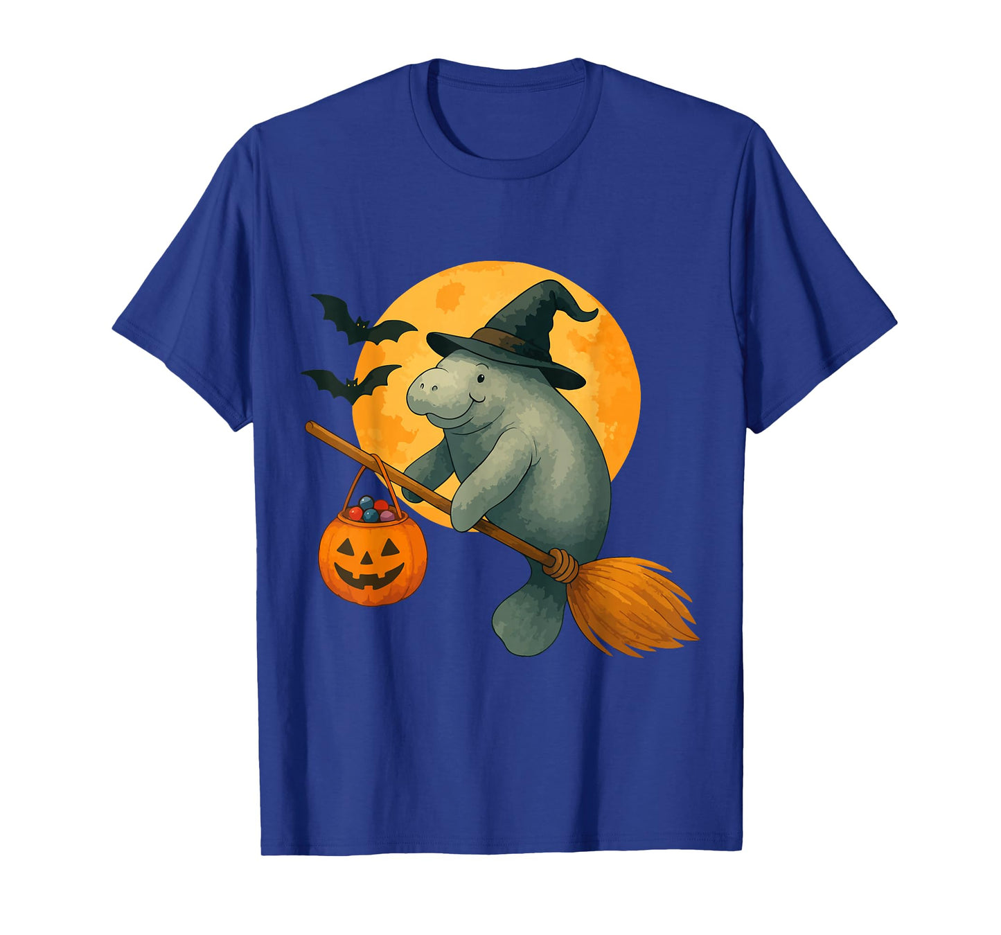 Spooky Halloween Manatee Witch Broom Pumpkin Moon Scary Fan T-Shirt