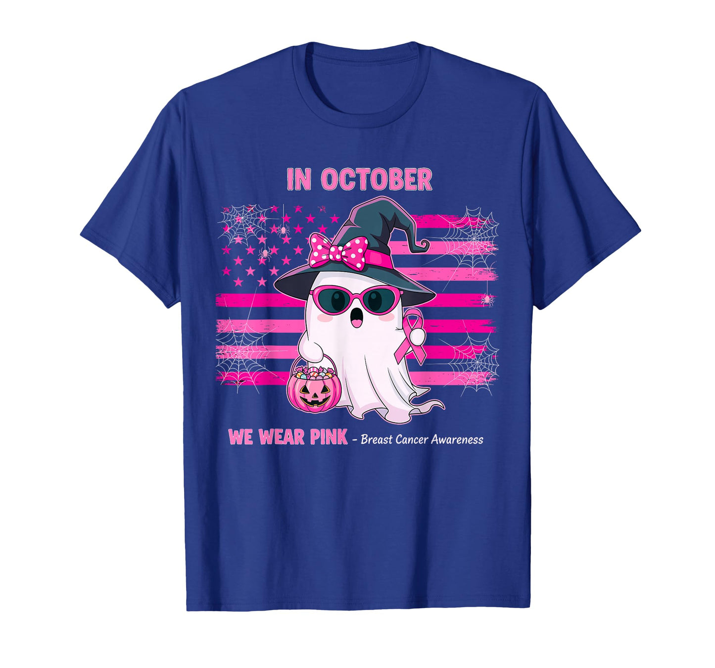 in October We Wear Pink Ghost Witch Breast Cancer Awareness T-Shirt