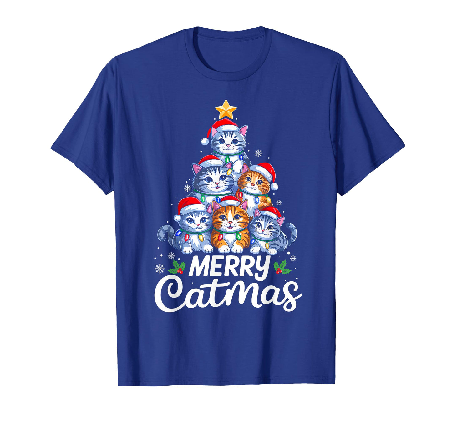 Merry Catmas Christmas Tree Lights Cat Kitten Santa Hat Xmas T-Shirt