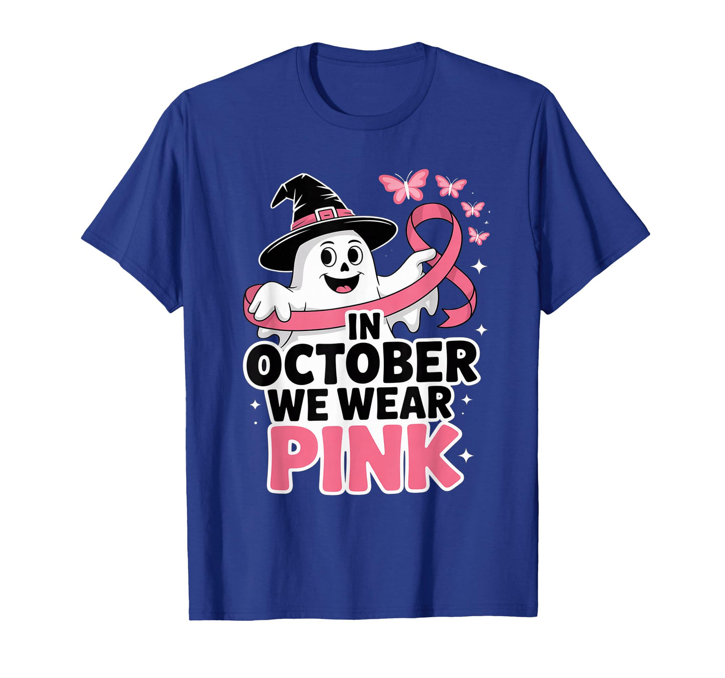 in October We Wear Pink Ghost Witch Breast Cancer Awareness T-Shirt