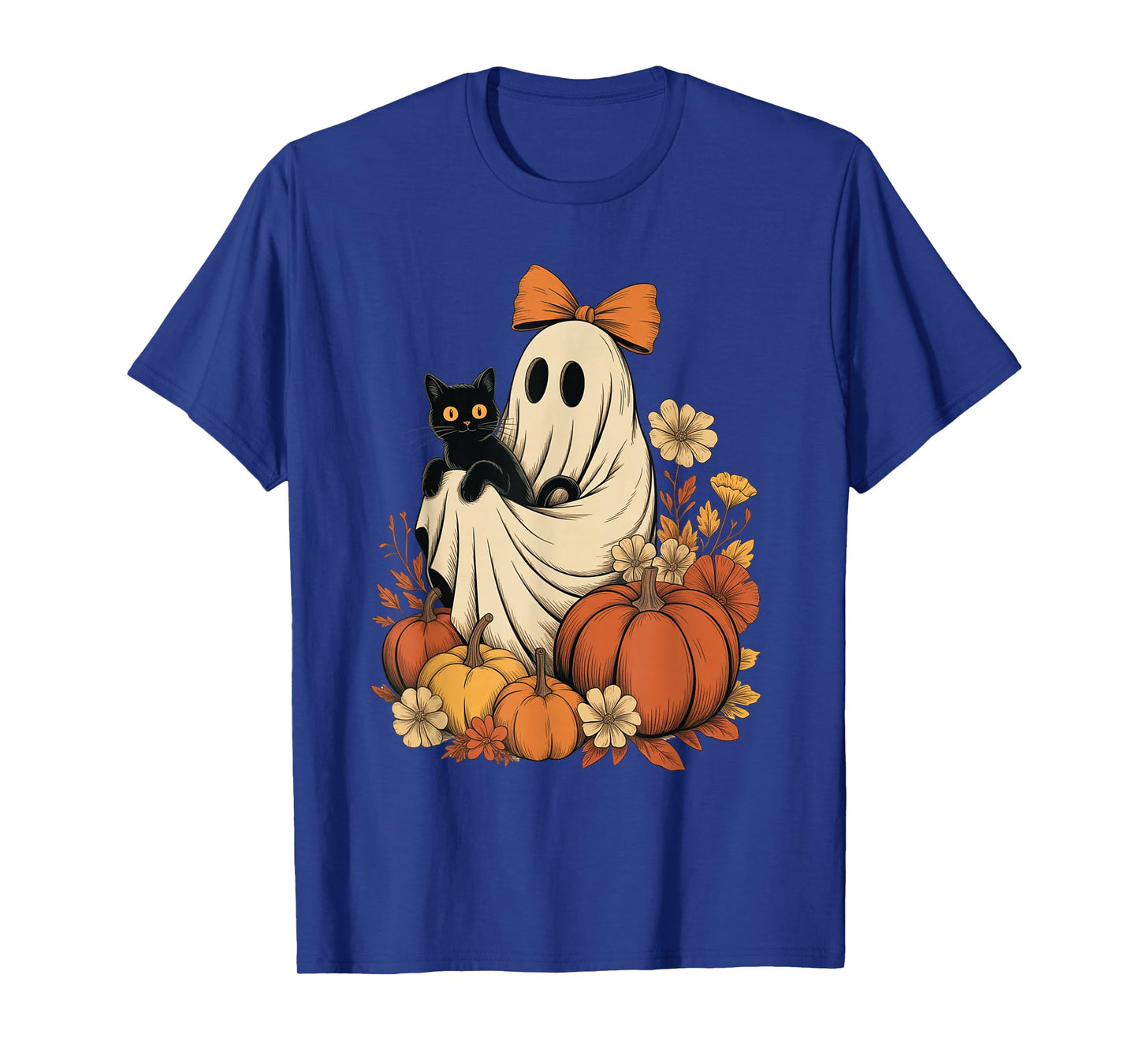 Vintage Halloween Ghost Holding Black Cat Groovy Floral T-Shirt