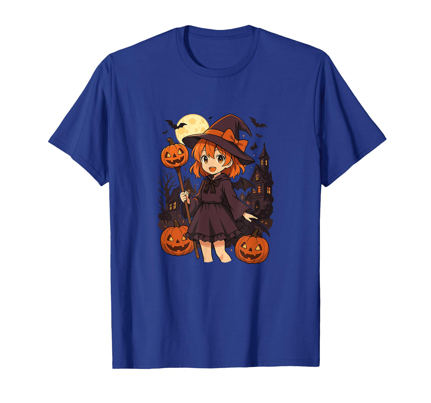 Cute Anime Witch with Pumpkins and Haunted Scary House T-Shirt