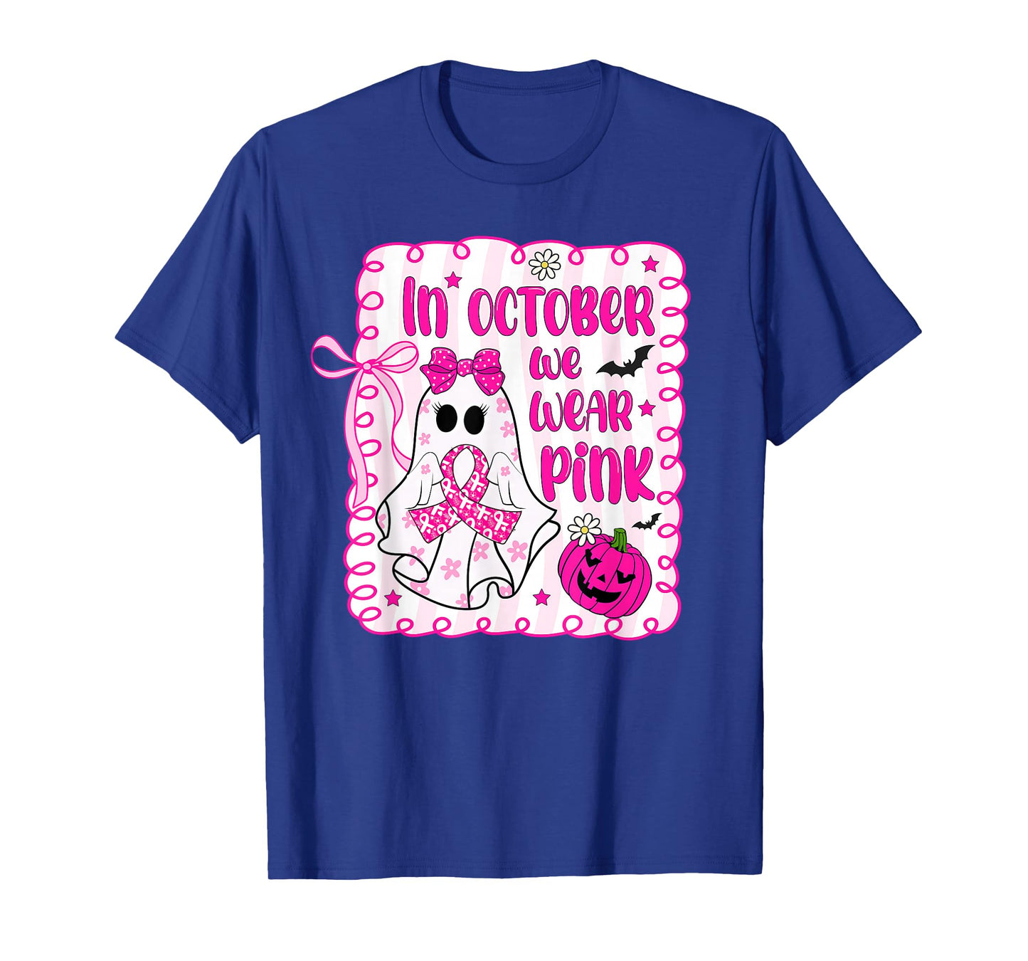 in October We Wear Pink Ghost Witch Breast Cancer Awareness T-Shirt