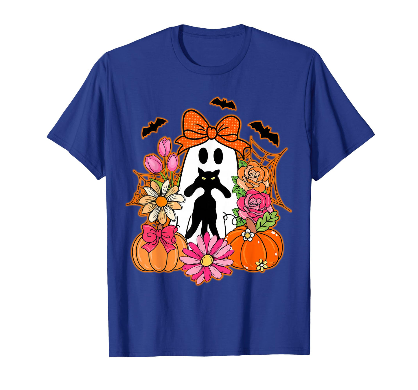 Halloween Ghost Holding Black Cat Groovy Floral T-Shirt