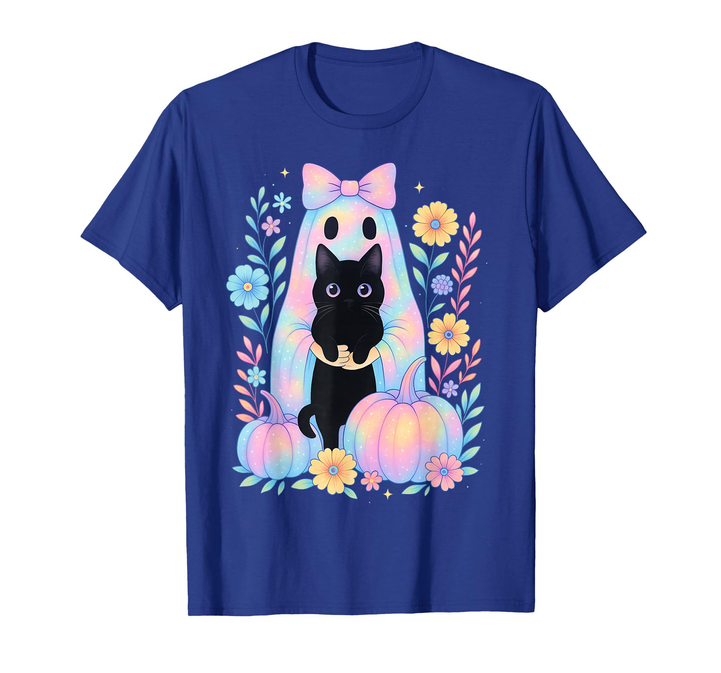 Pastel Galaxy Halloween Ghost Holding Black Cat Floral Girls T-Shirt