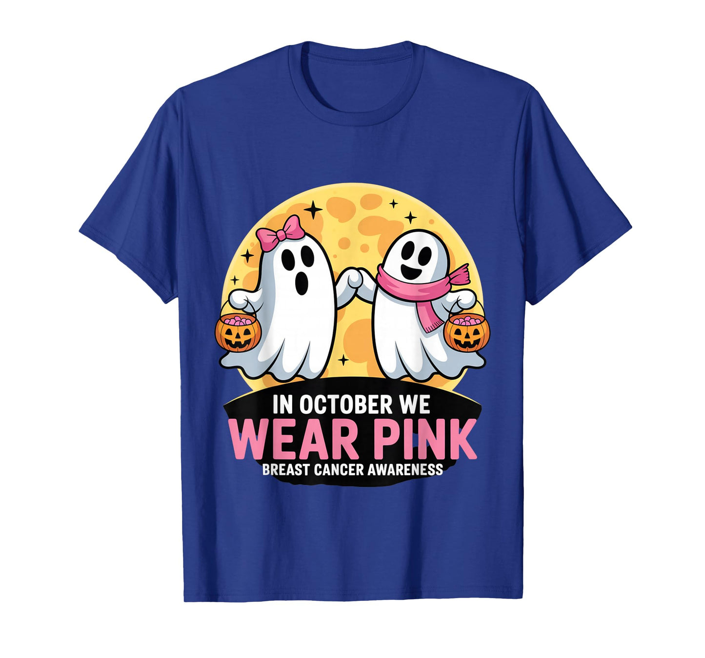 in October We Wear Pink Ghost Witch Breast Cancer Awareness T-Shirt