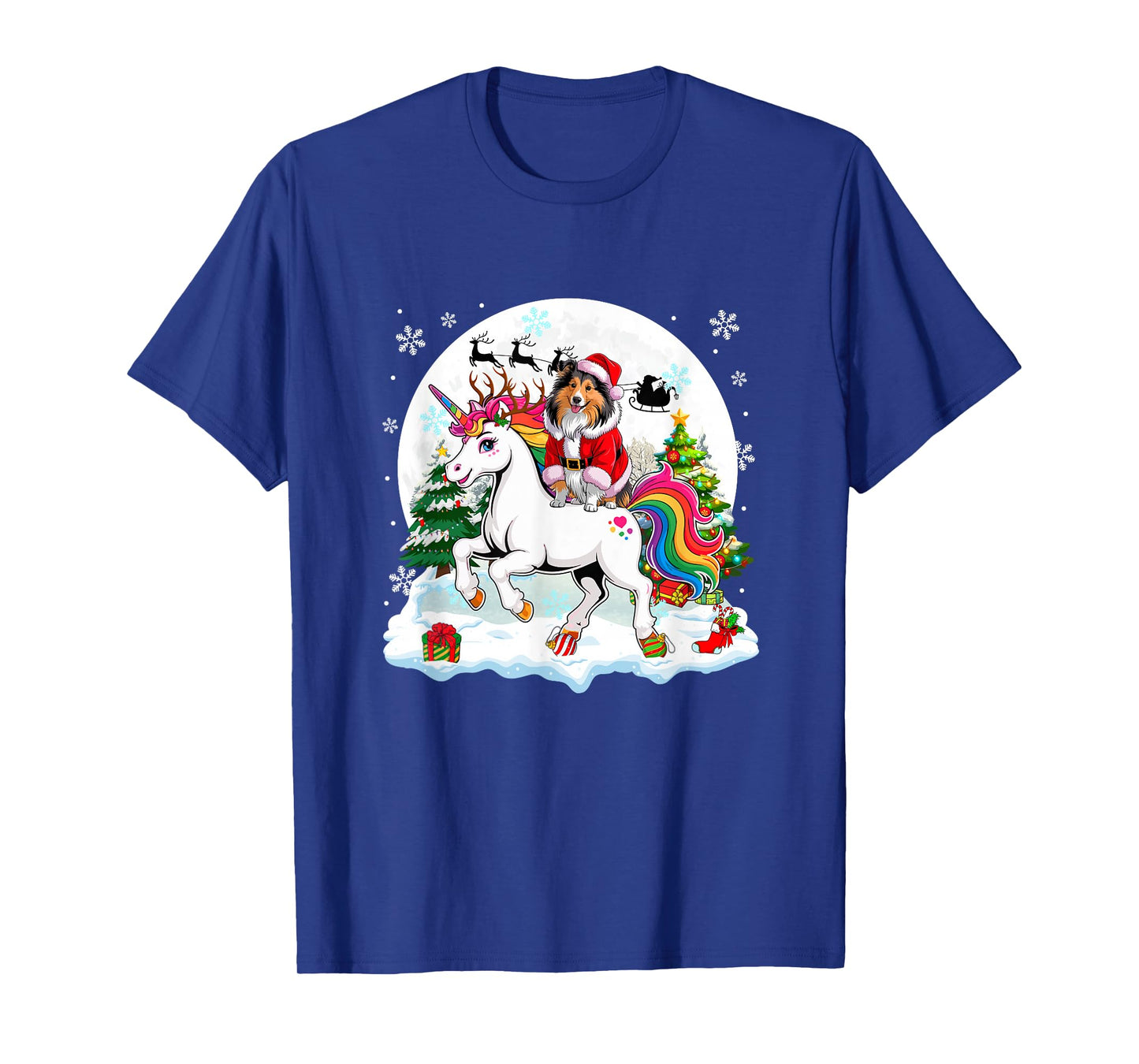 Santa Sheltie Riding Unicorn Reindeer Christmas Owner Kids T-Shirt