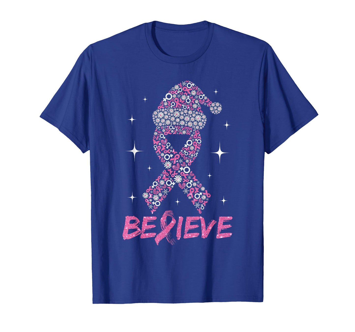 Believe Pink Ribbon with Santa Hat Christmas Breast Cancer T-Shirt