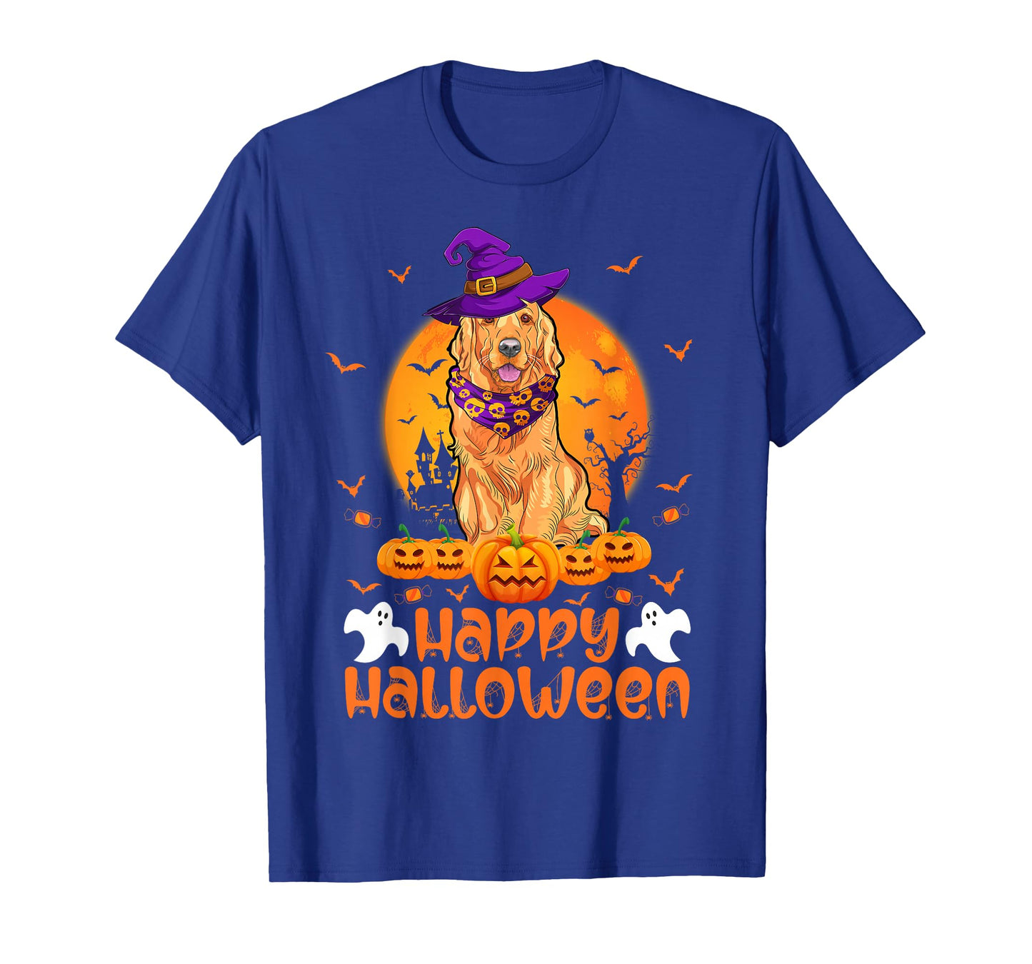 Vintage Pumpkin Golden Retriever Witch Lucy Dog Halloween T-Shirt