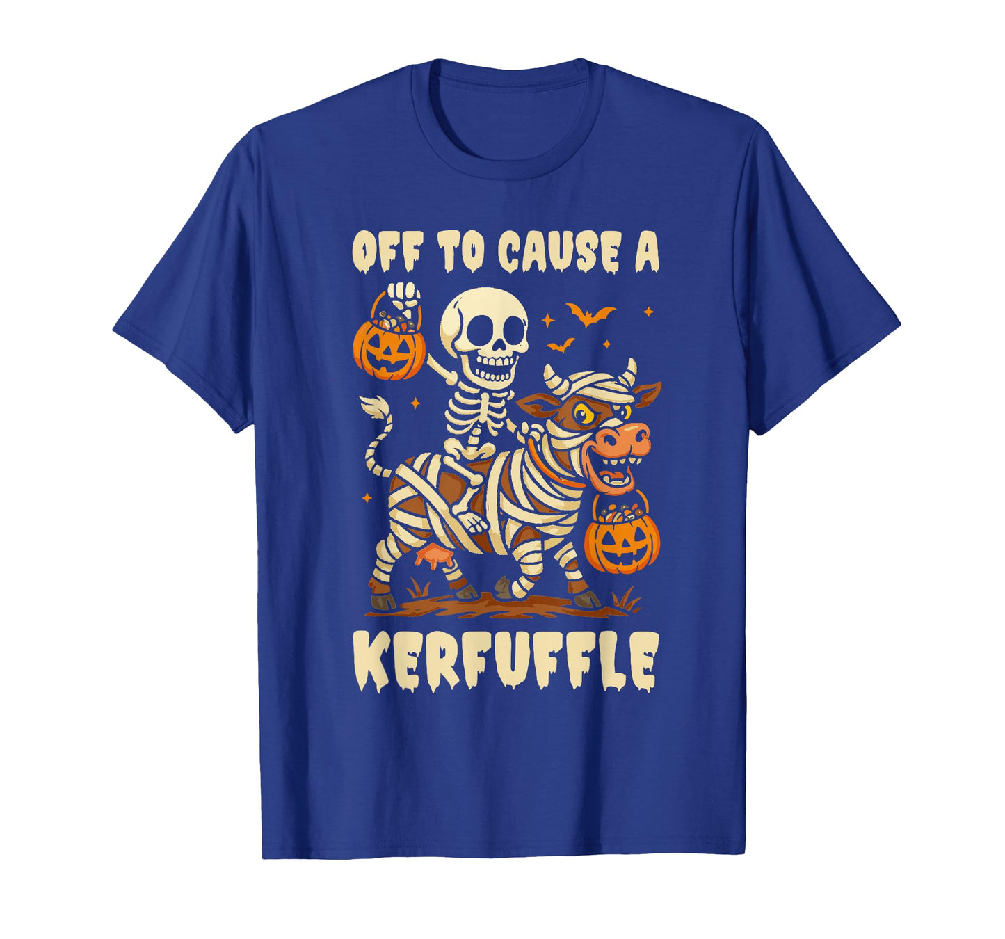 Off to Cause A Kerfuffle Funny Skeleton Riding Cow Halloween T-Shirt