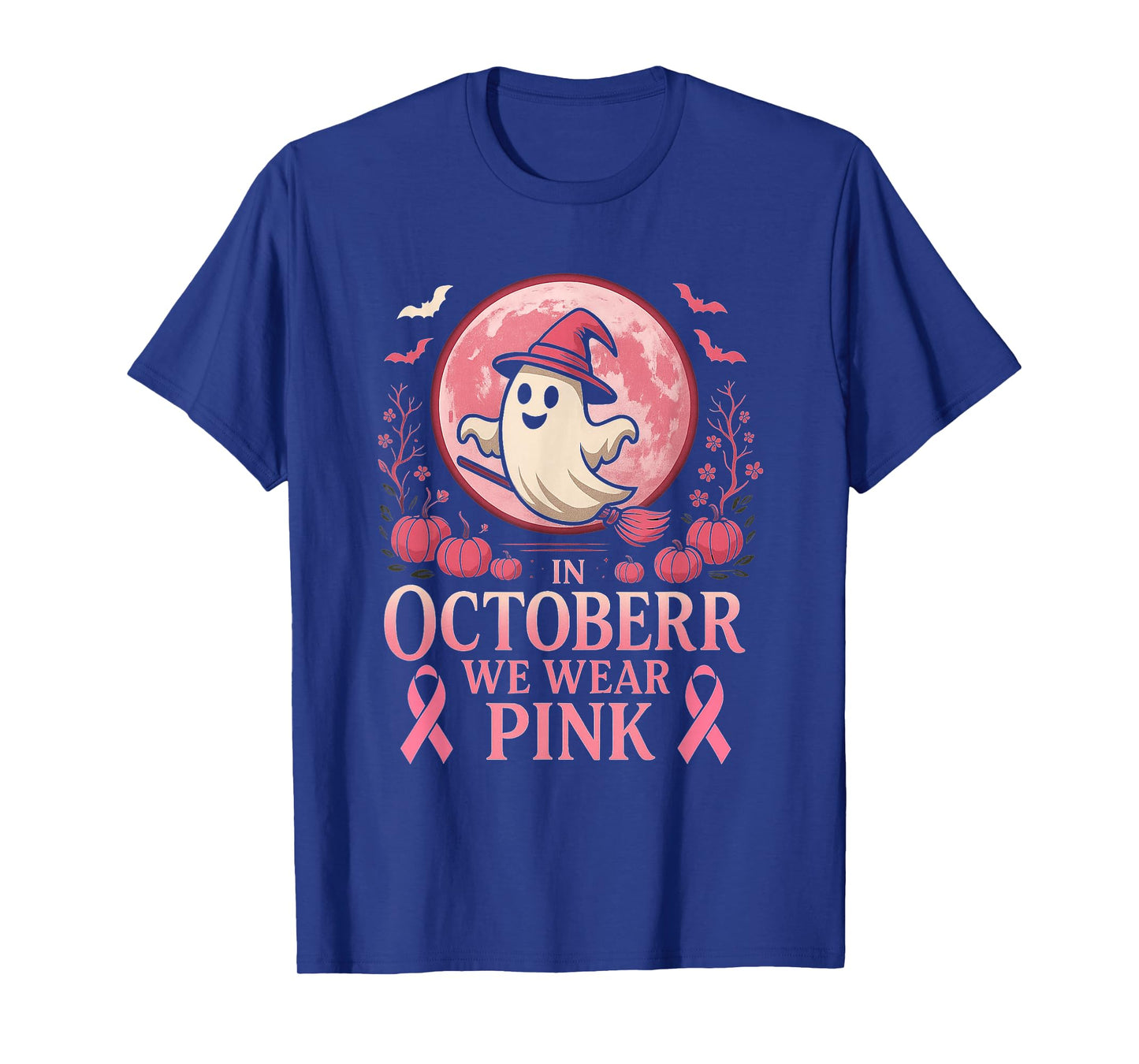 in October We Wear Pink Ghost Witch Breast Cancer Ribbon T-Shirt
