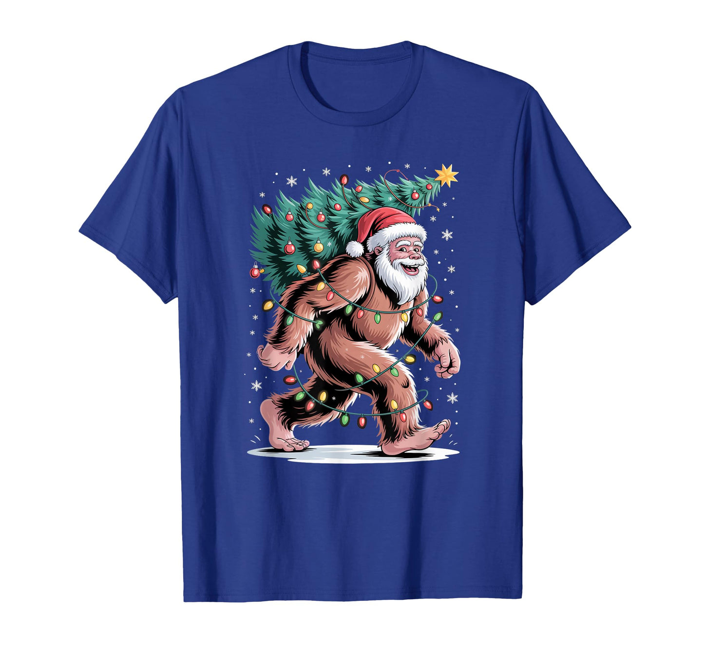 Cute Santa Bigfoot Carrying Decorated Christmas Tree T-Shirt