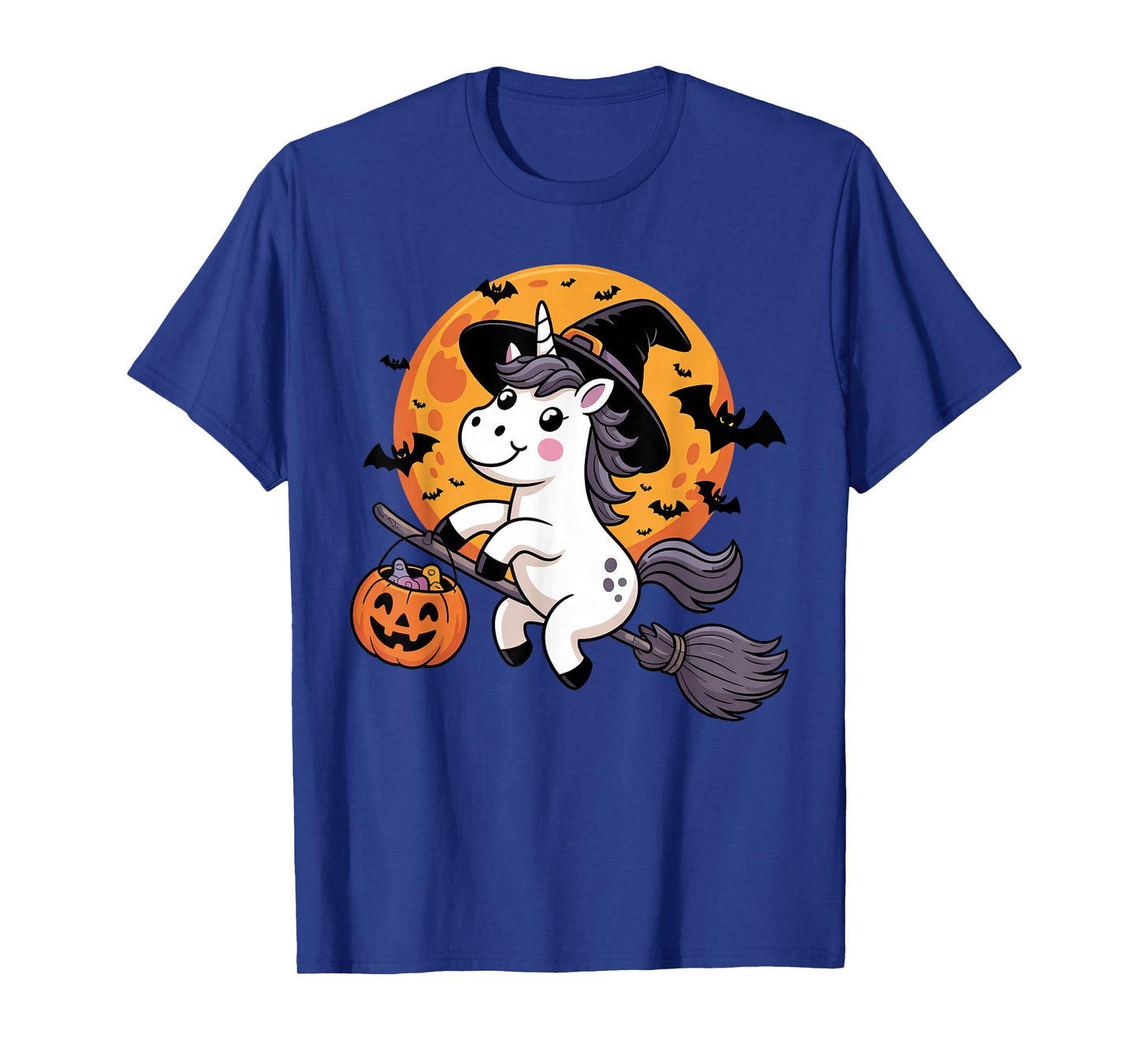 Halloween Unicorn Witch Hat and Broom Pumpkin Candy Bucket T-Shirt