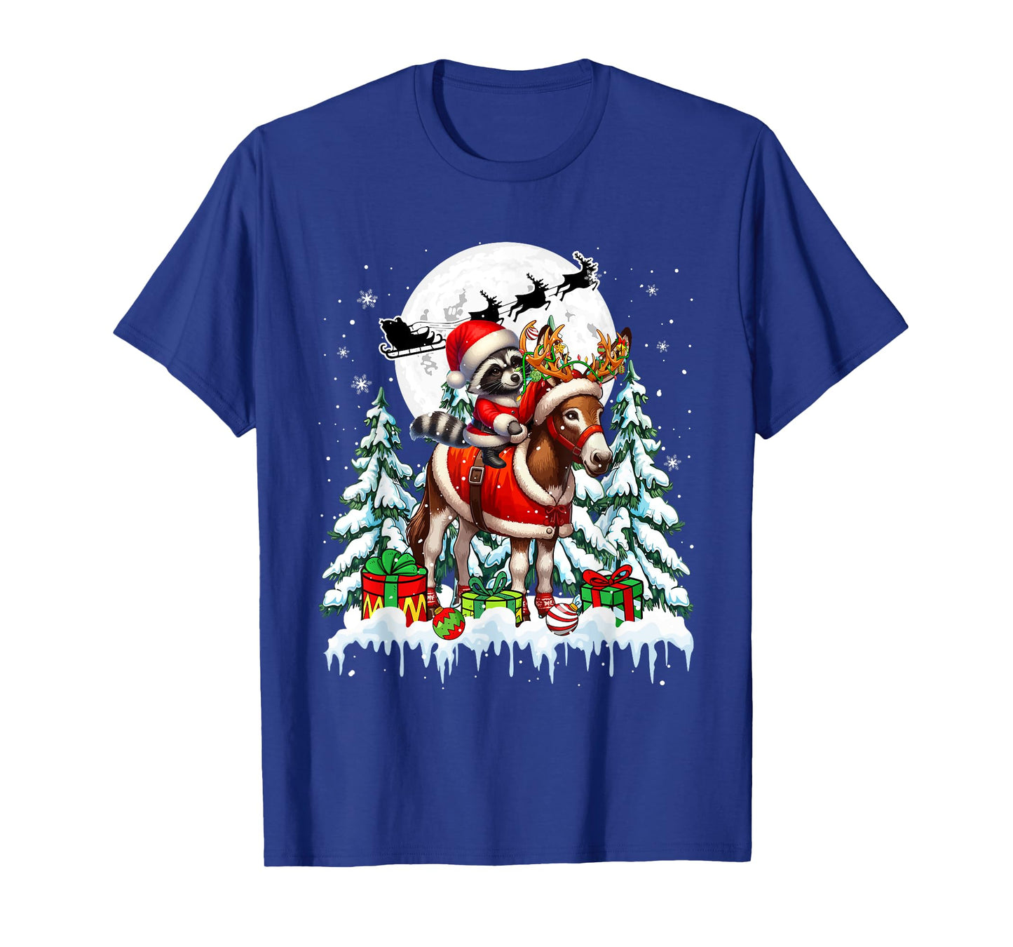 Santa Raccoon Riding Reindeer Donkey Christmas Trees Farmer T-Shirt