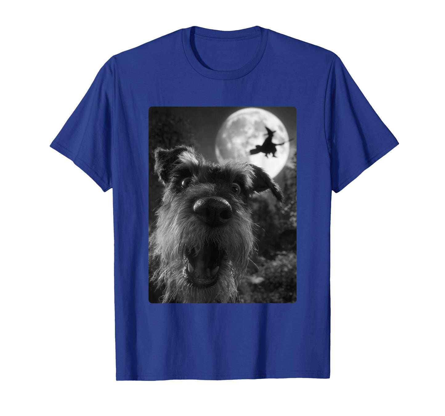 Funny Schnauzer Selfie Full Moon Flying Witch Halloween Dog T-Shirt