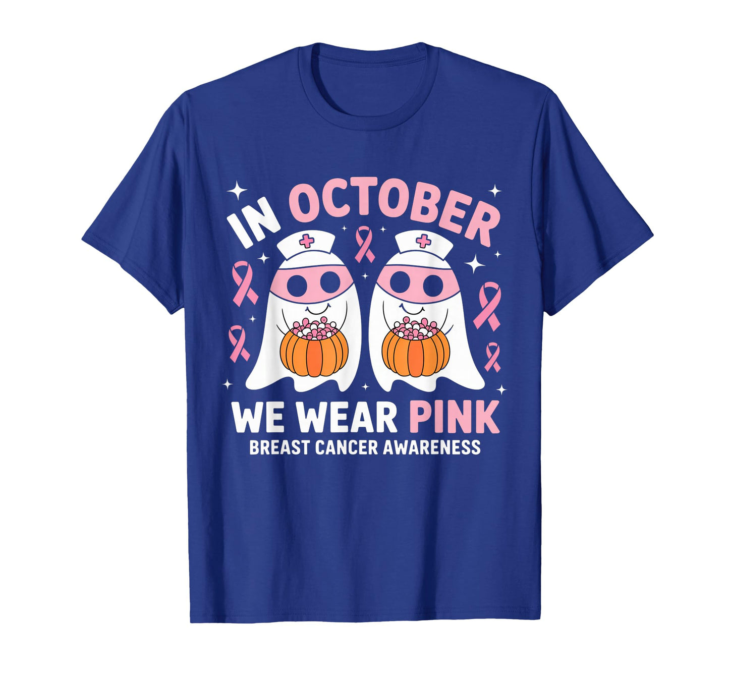in October We Wear Pink Ghost Witch Breast Cancer Awareness T-Shirt