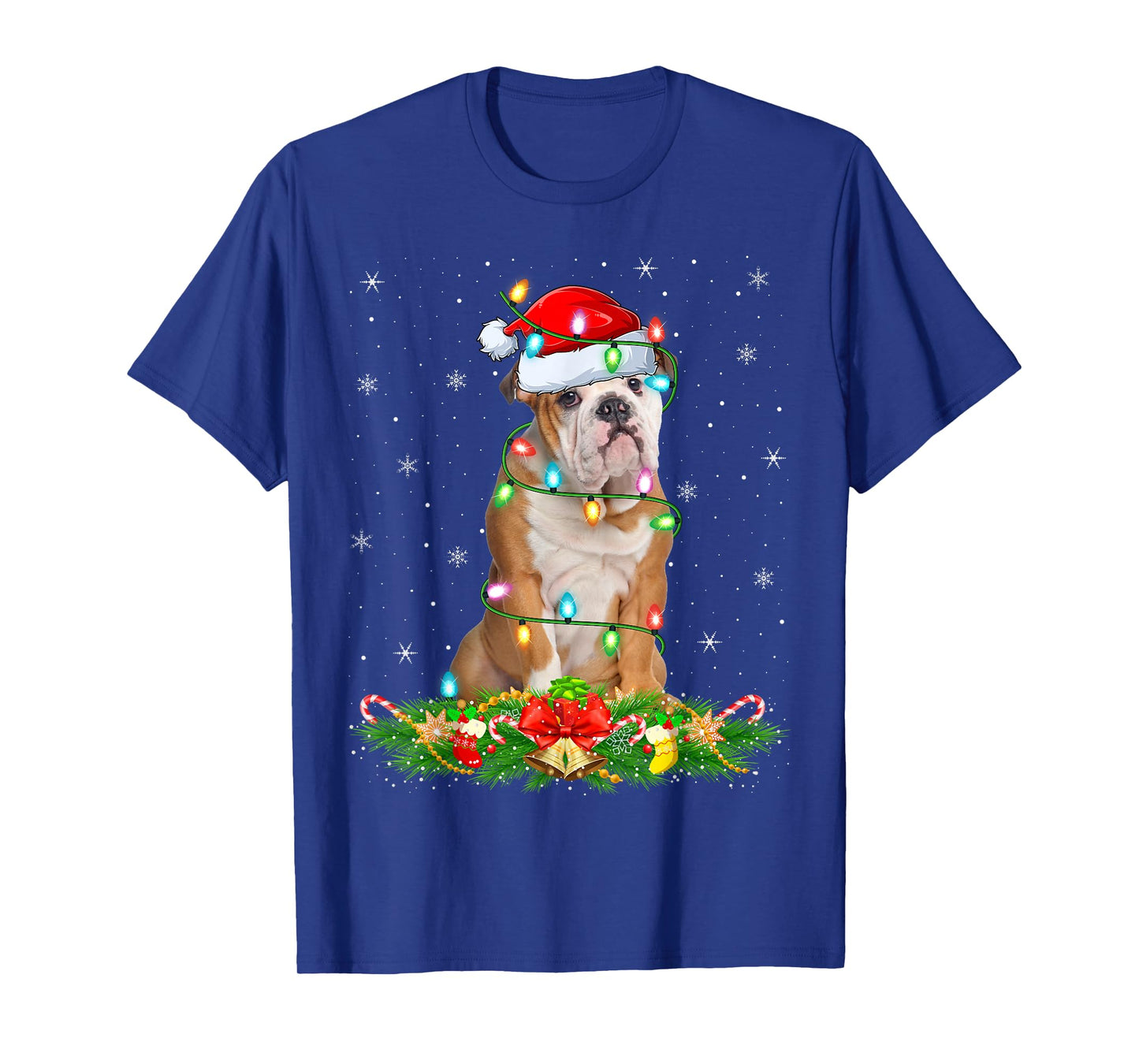 English Bulldog Christmas Lights Funny Santa Hat Xmas T-Shirt
