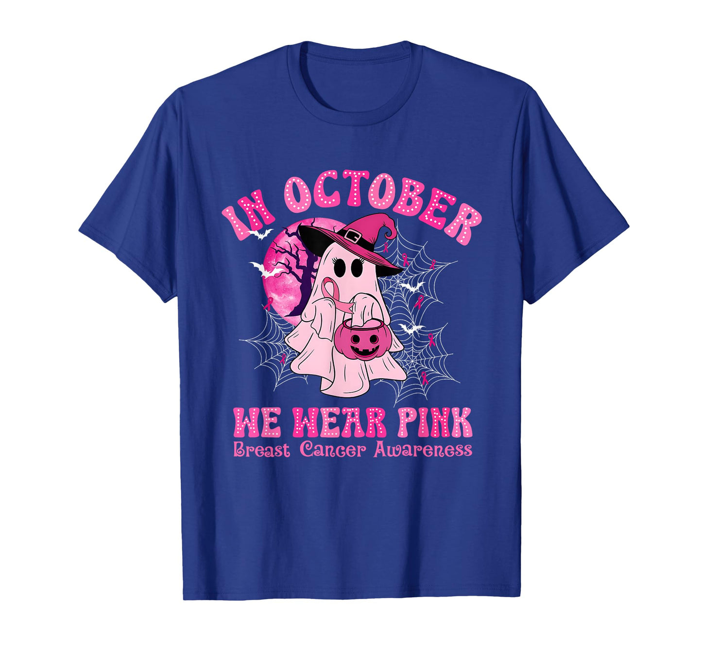 in October We Wear Pink Ghost Witch Breast Cancer Awareness T-Shirt