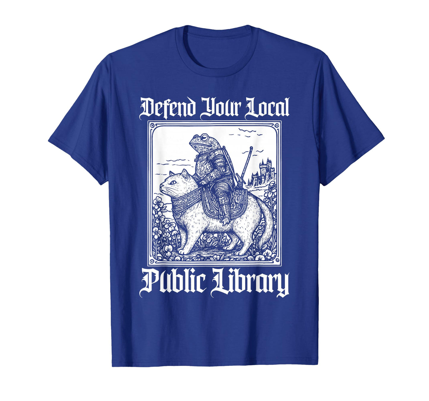 Defend Your Local Public Library Funny Knight Riding Cat T-Shirt