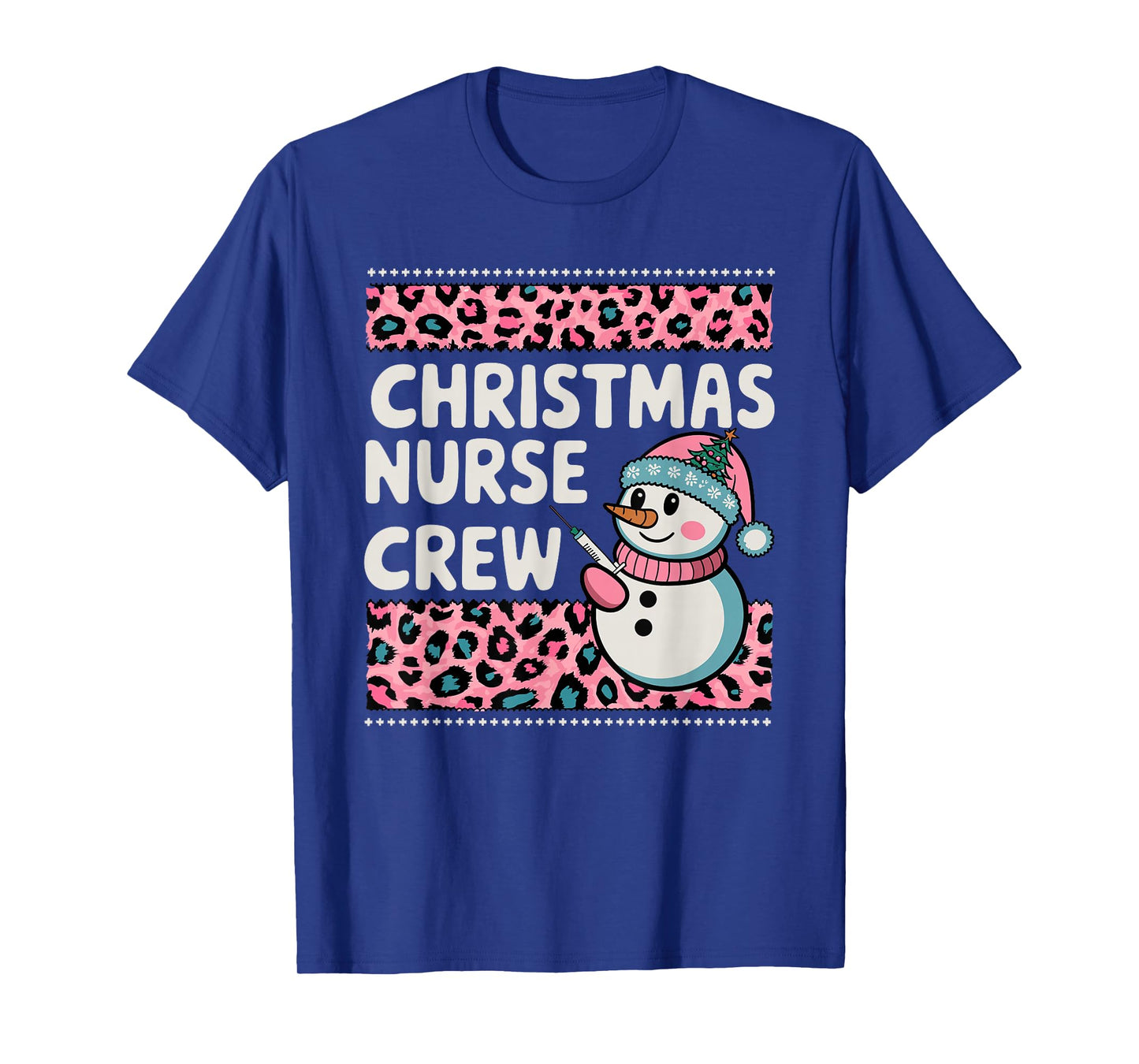 Nurse Christmas Crew Snowman Pink Leopard Print T-Shirt