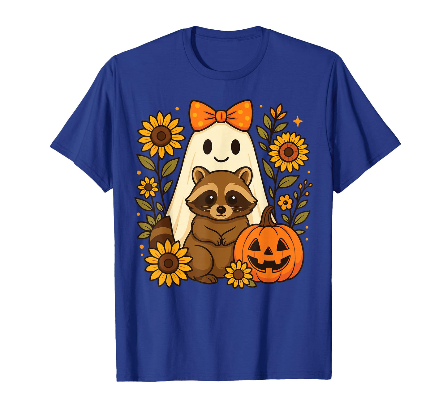 Vintage Halloween Ghost Holding Raccoon Groovy Floral Fall T-Shirt