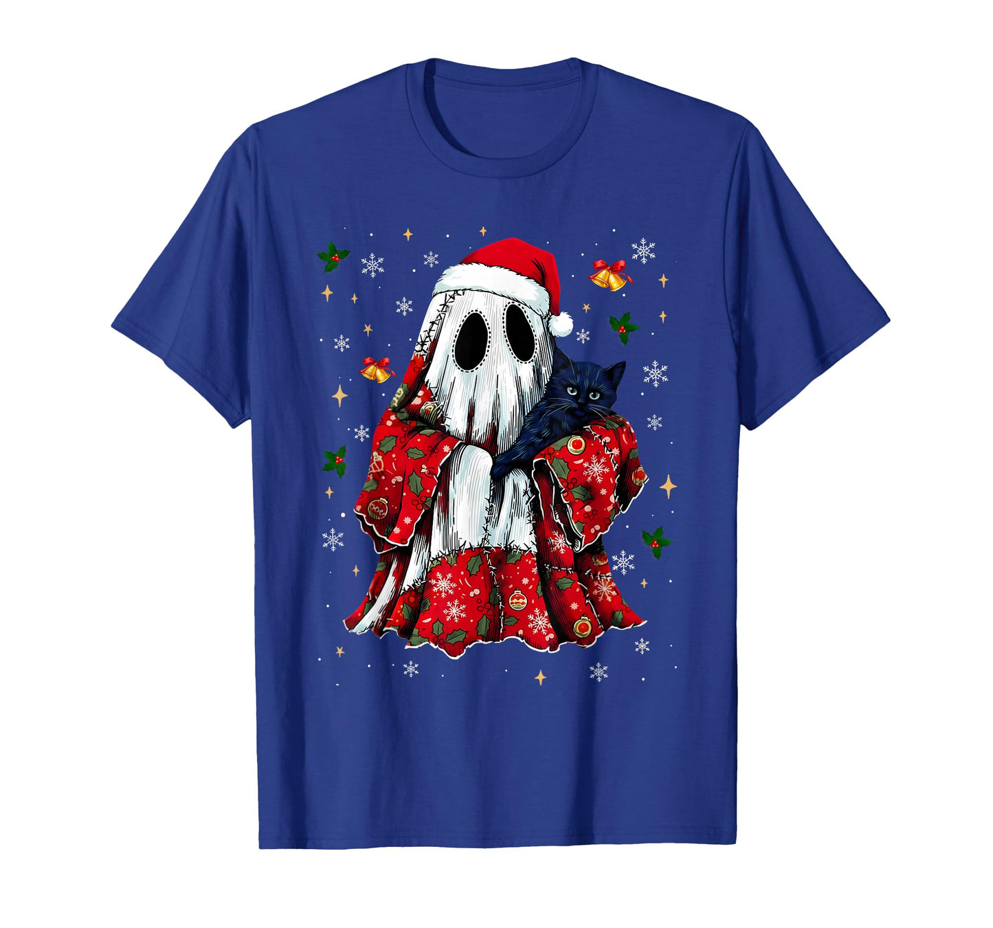 Vintage Christmas Ghost Holding Black Cat Groovy Floral T-Shirt