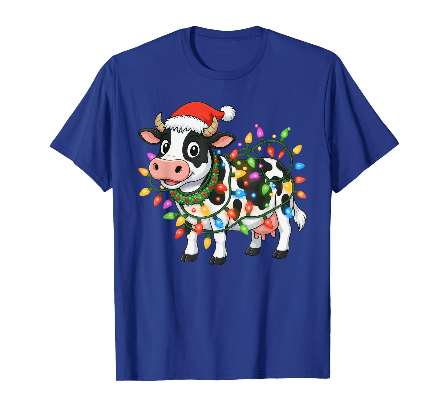 Christmas Cow Santa Hat Lights Xmas Men Women Boys Kids T-Shirt