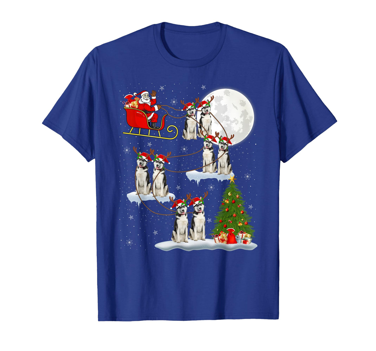 Siberian Husky Dog Santa Sleigh Flying Funny Christmas T-Shirt