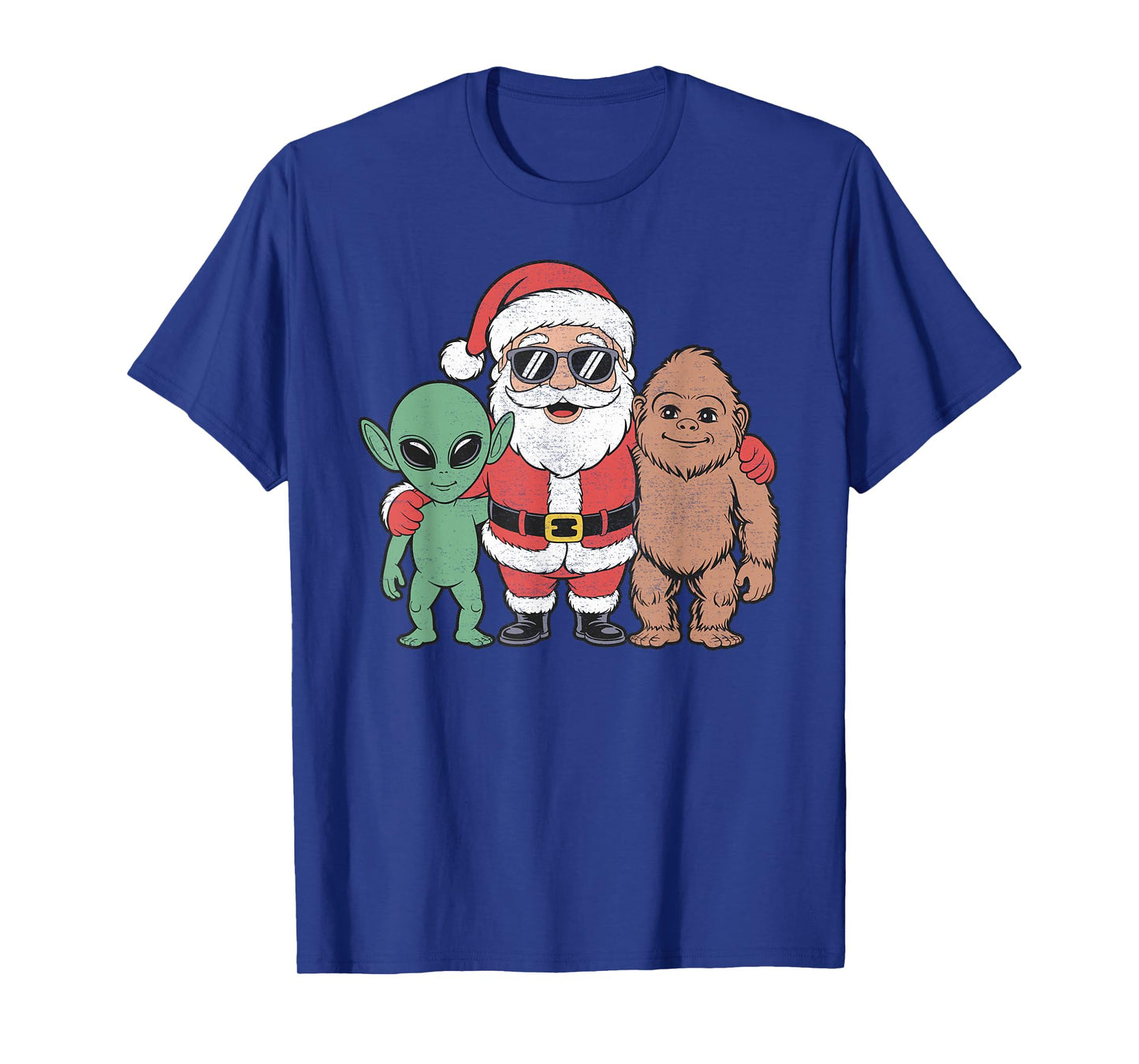 Santa Bigfoot Alien Christmas Distressed T-Shirt