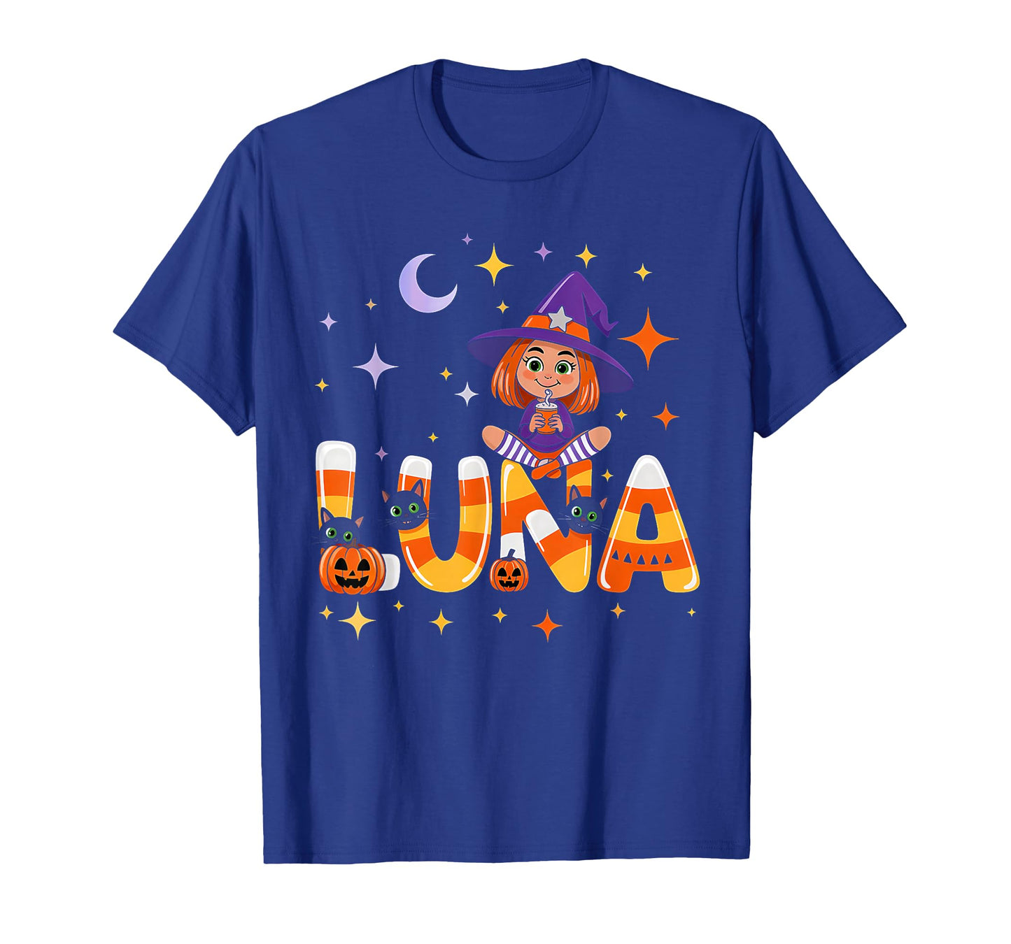 Luna Witch Candy Corn Cat Halloween Women and Girls T-Shirt