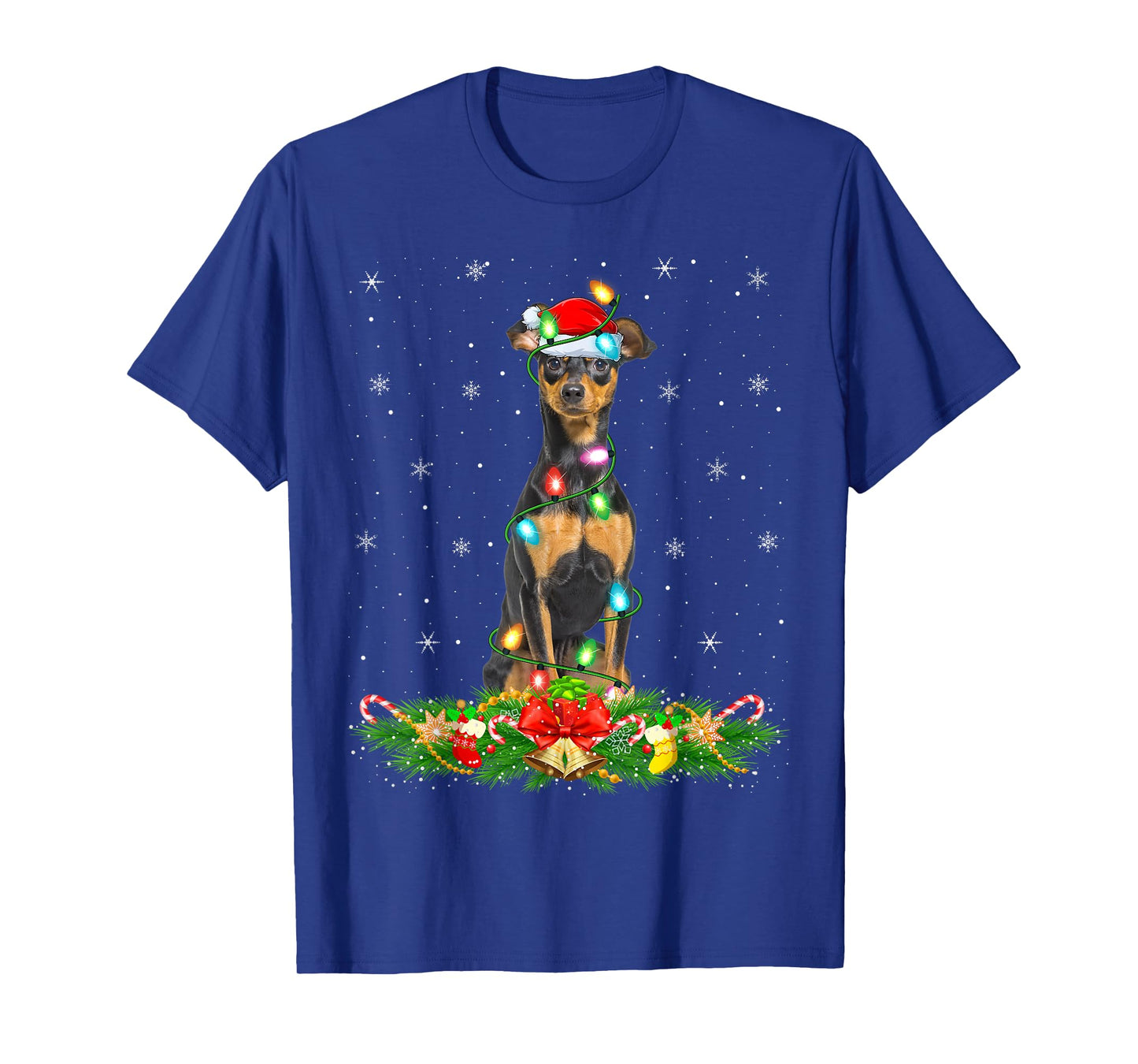 Miniature Pinscher Dog Christmas Lights Funny Santa Hat Xmas T-Shirt