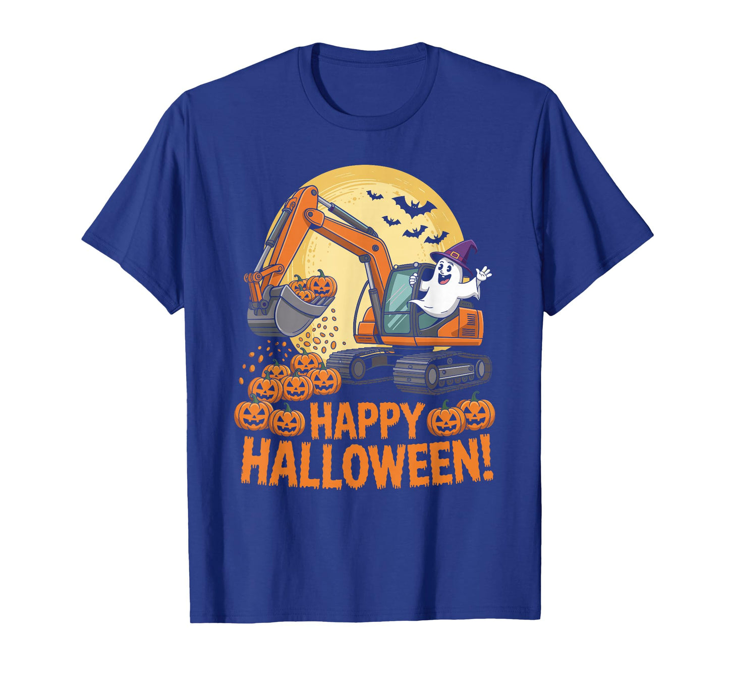 Happy Halloween Ghost Pumpkins and Excavator Construction T-Shirt
