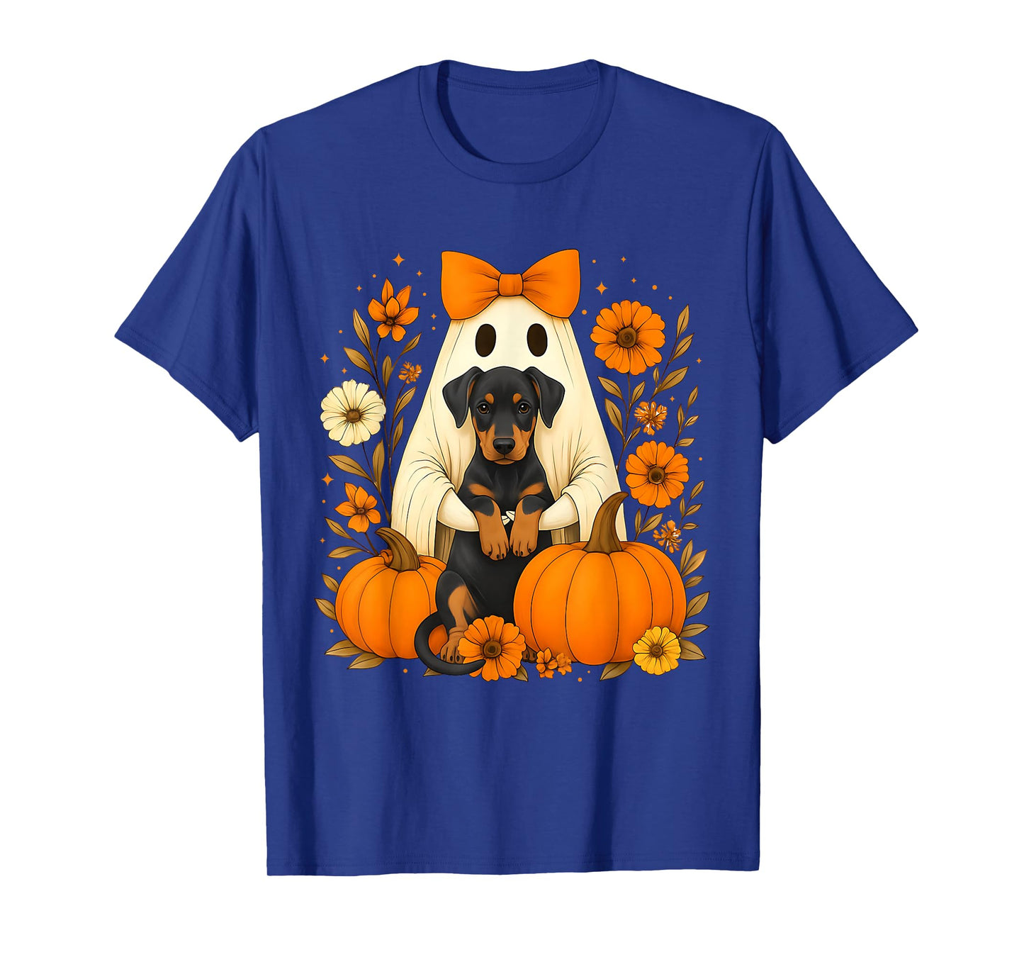 Vintage Halloween Ghost Holding Doberman Pinscher Dog T-Shirt