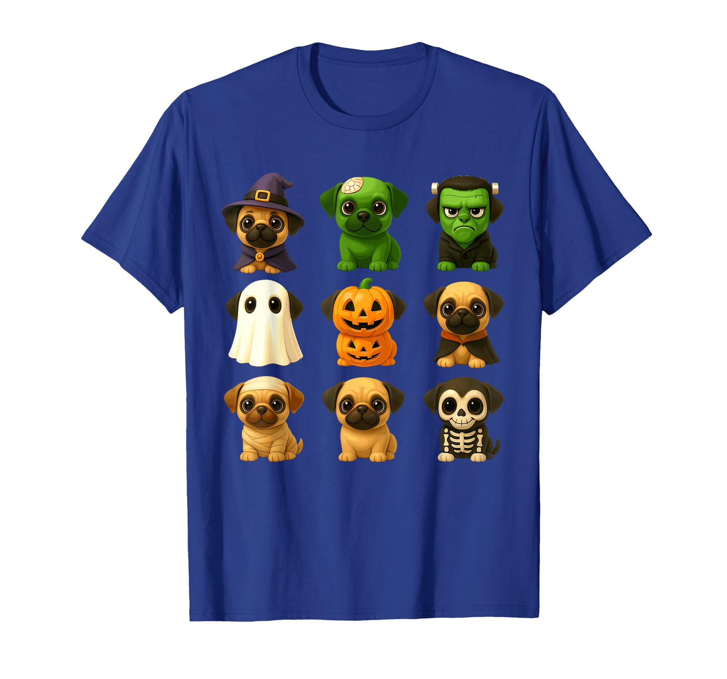Cute Pug Dogs Witch Pumpkin Skeleton Costume Happy Halloween T-Shirt